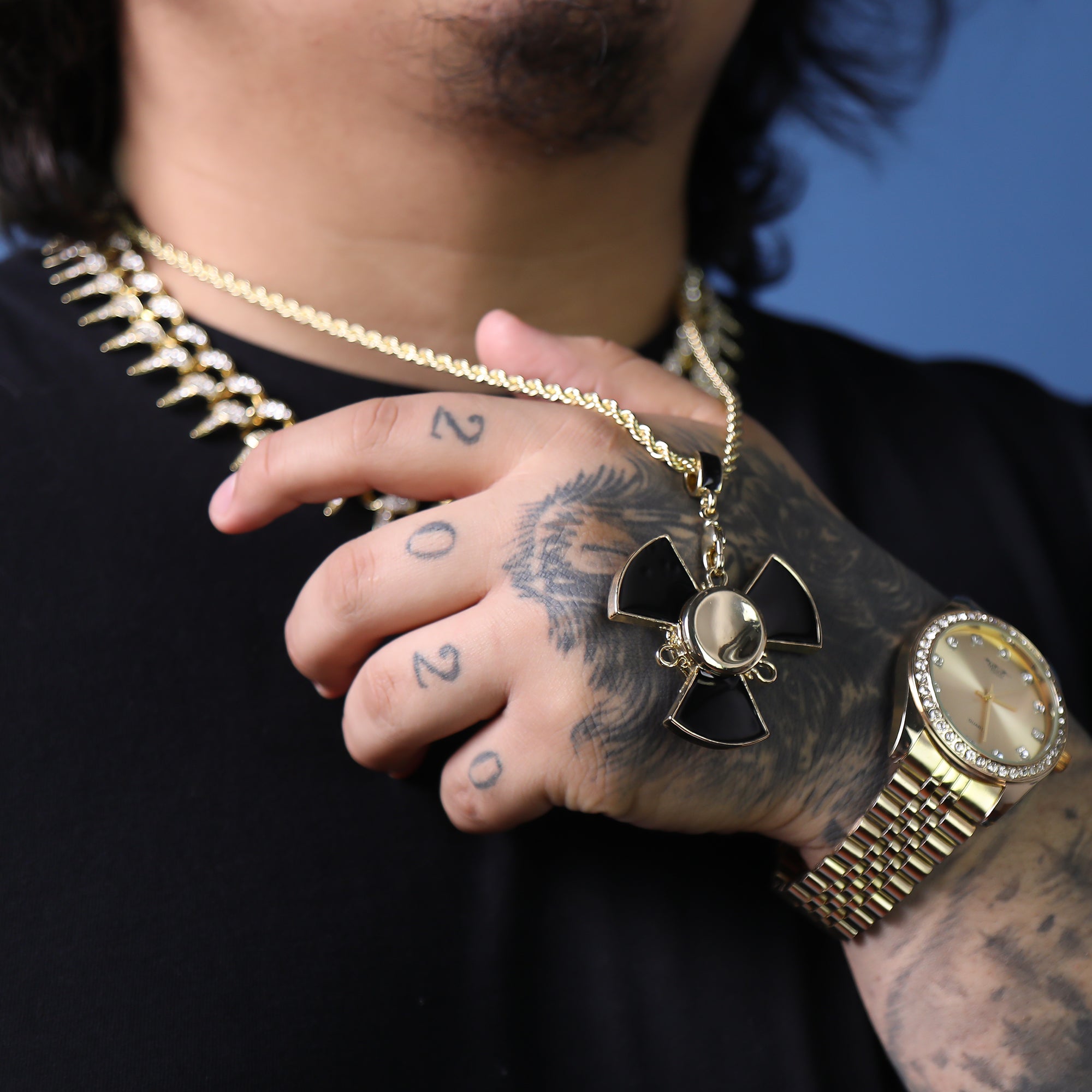 Plain Gold/Black Spinner Pendant 24 Rope Chain Hip Hop 18k Jewelry Necklace