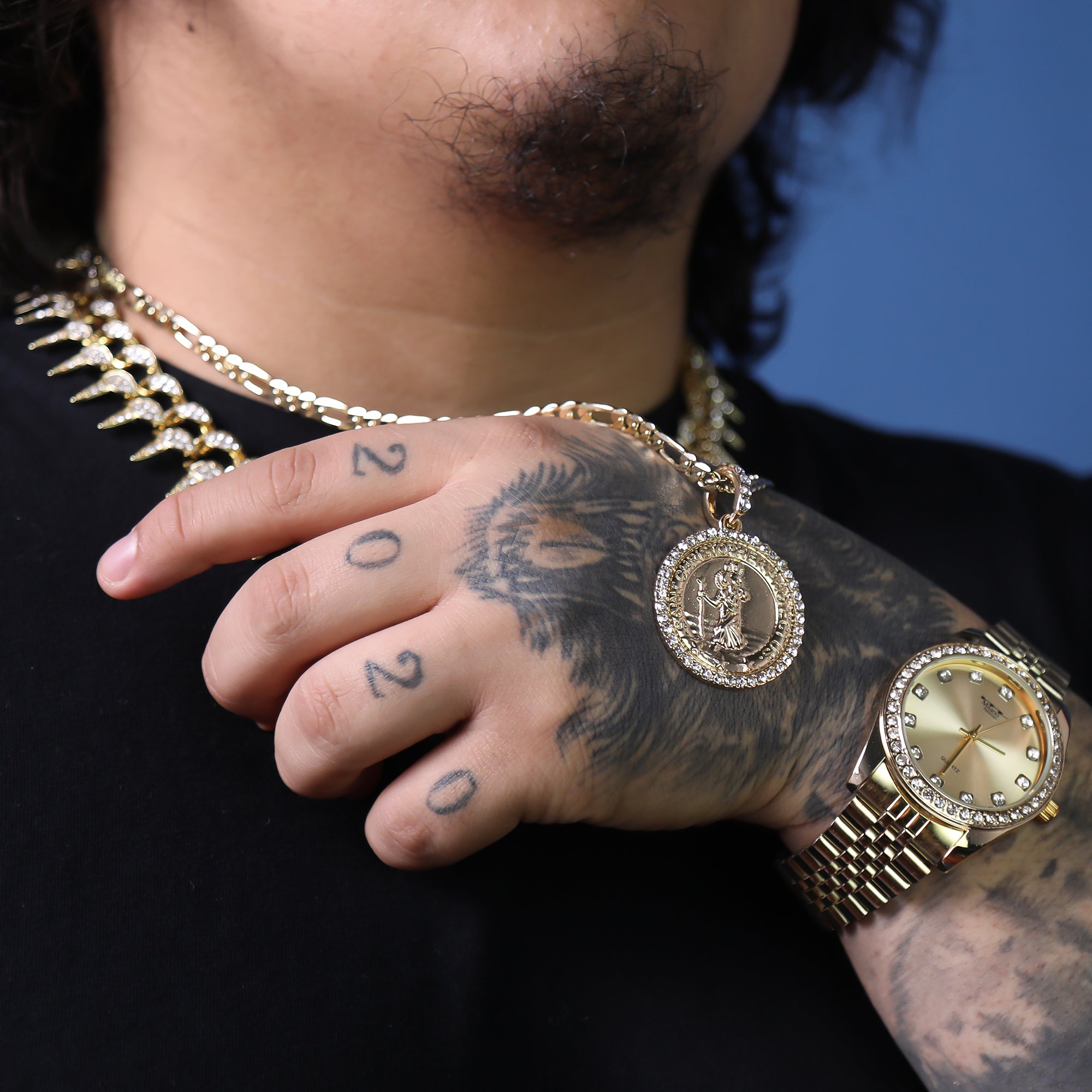 Iced Religious Saint Christopher Pendant 24 Figaro Chain Hip Hop 18k Jewelry Necklace