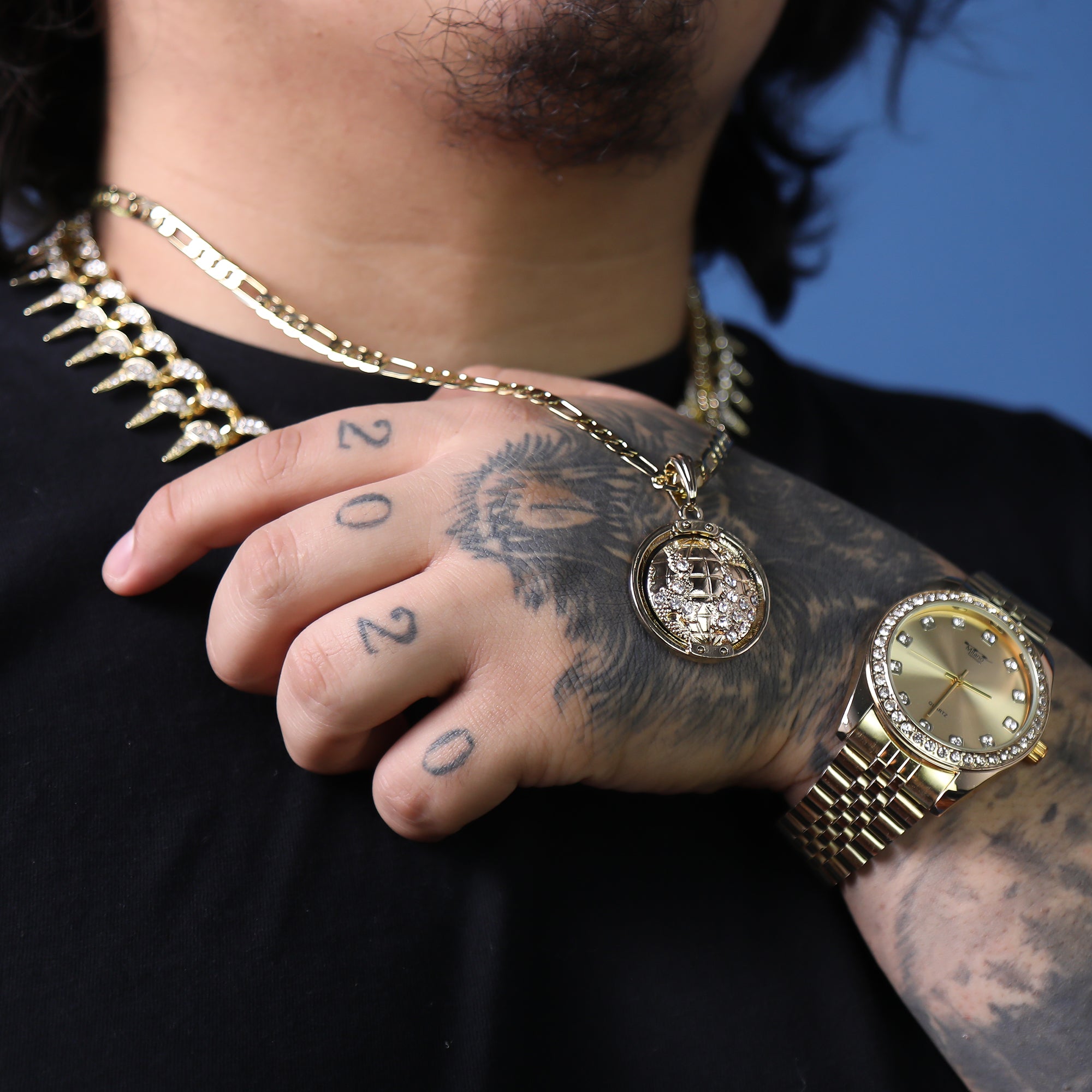 Iced Globe Spinner Pendant 24 Figaro Chain Hip Hop 18k Jewelry Necklace