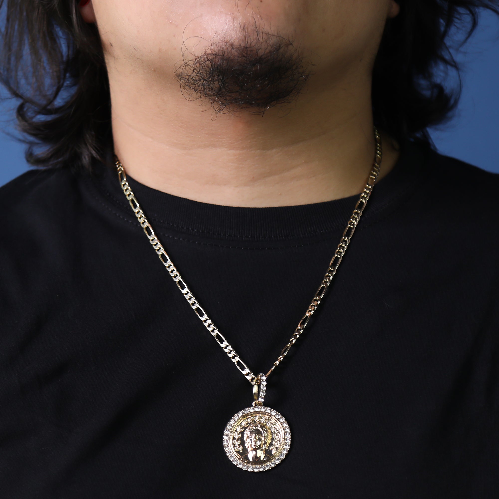 Cz Round Ancient Greek Pendant 24" Figaro Chain Hip Hop Style 18k Gold Plated