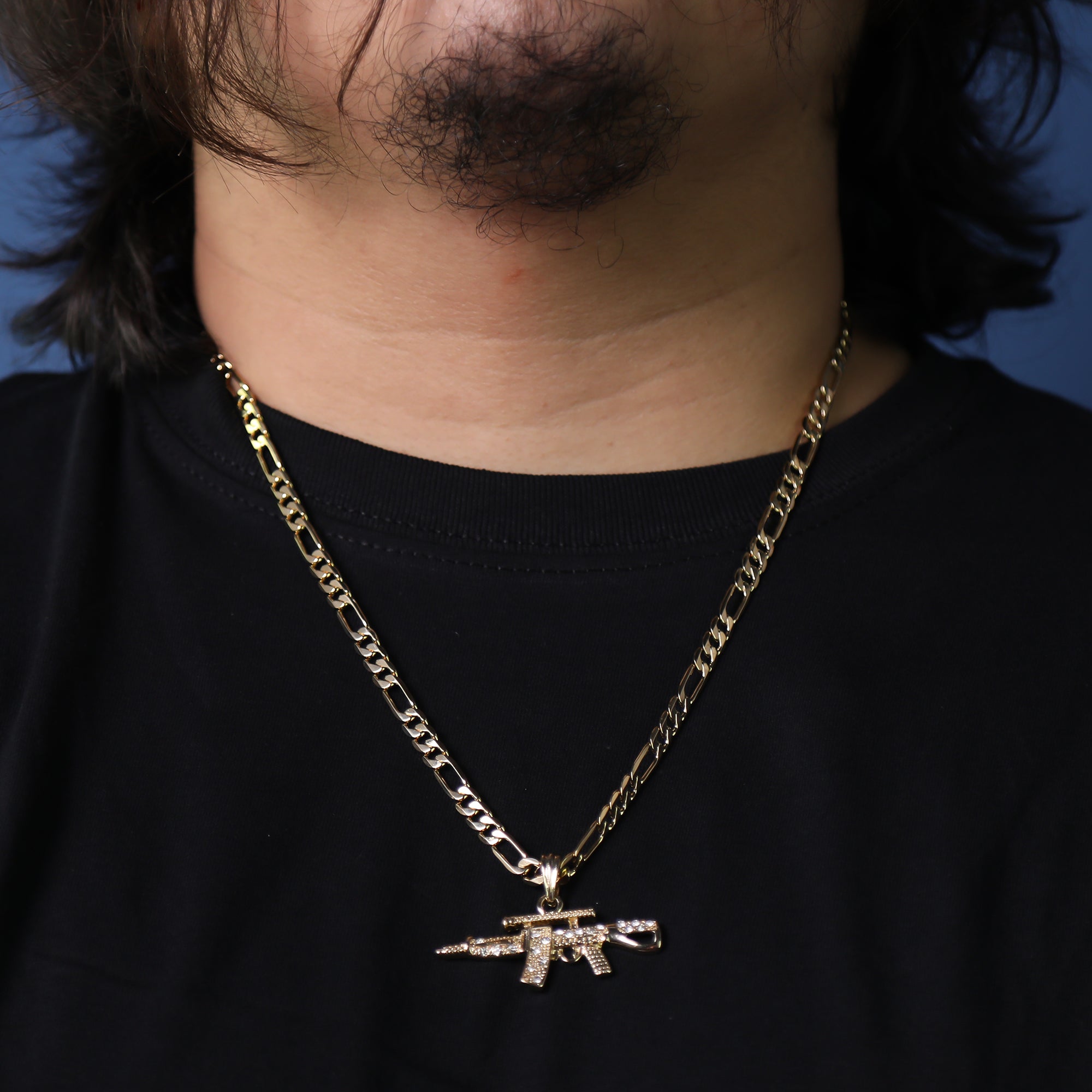 Cz AR Pendant 24" Figaro Chain Hip Hop Style 18k Gold Plated