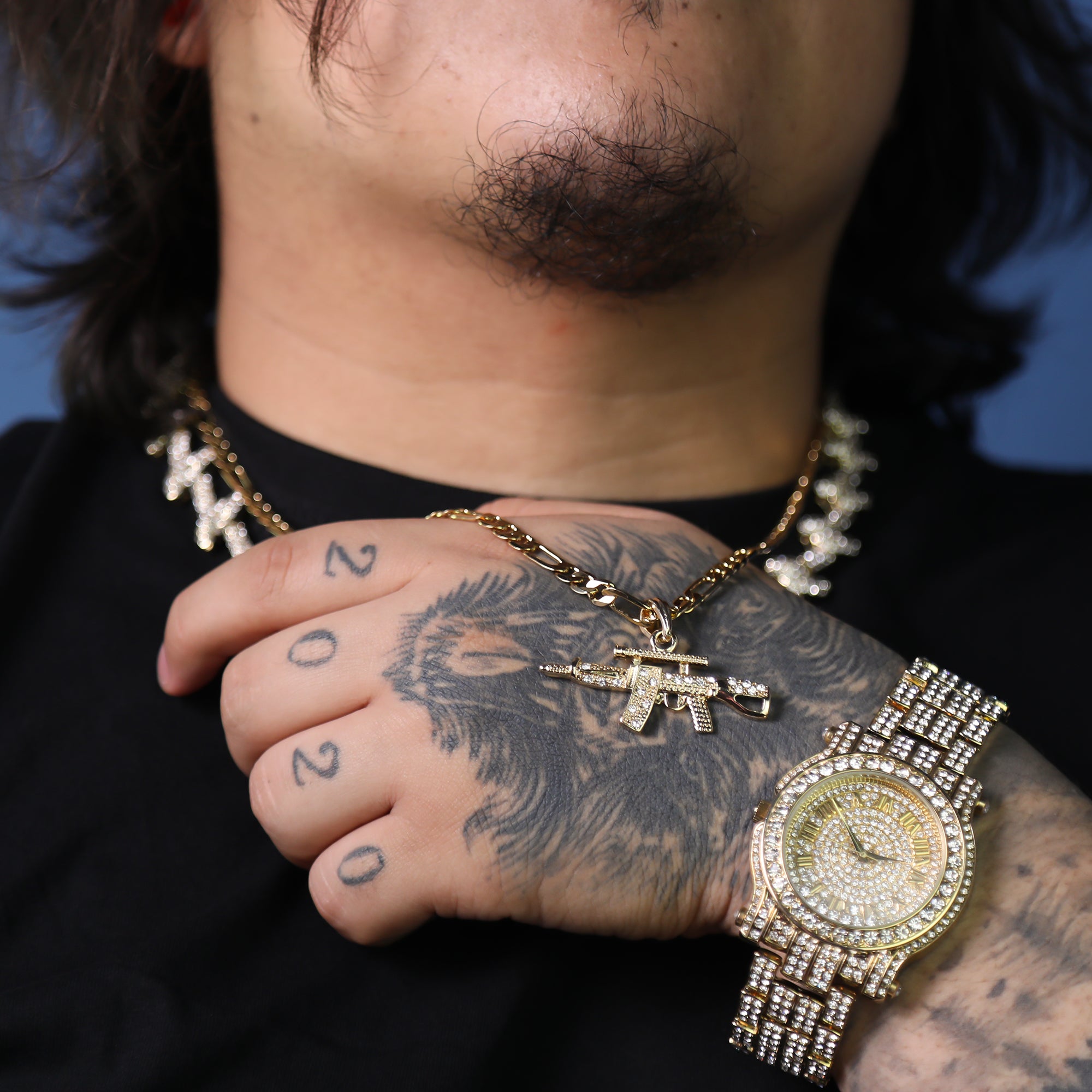 Cz AR Pendant 24" Figaro Chain Hip Hop Style 18k Gold Plated