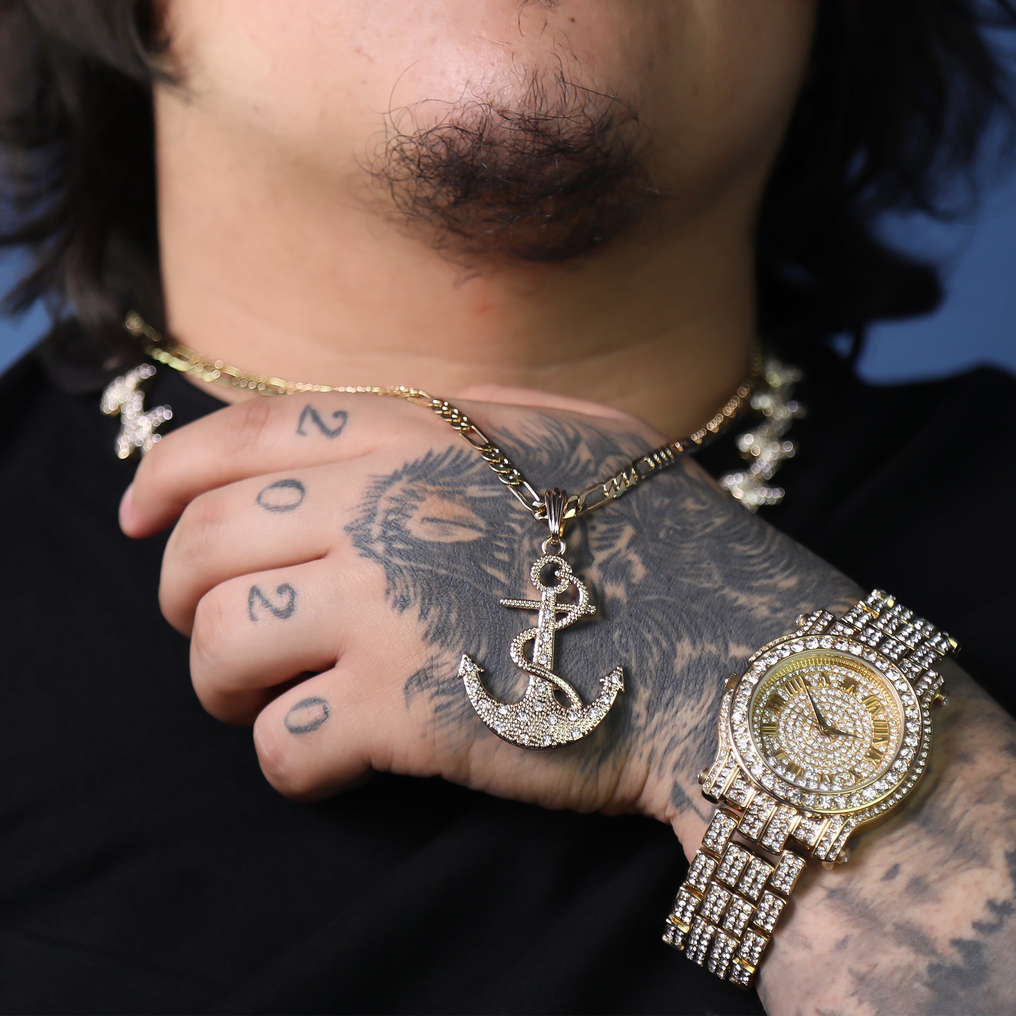 Cz Snake Anchor Pendant 24" Figaro Chain Hip Hop Style 18k Gold Plated