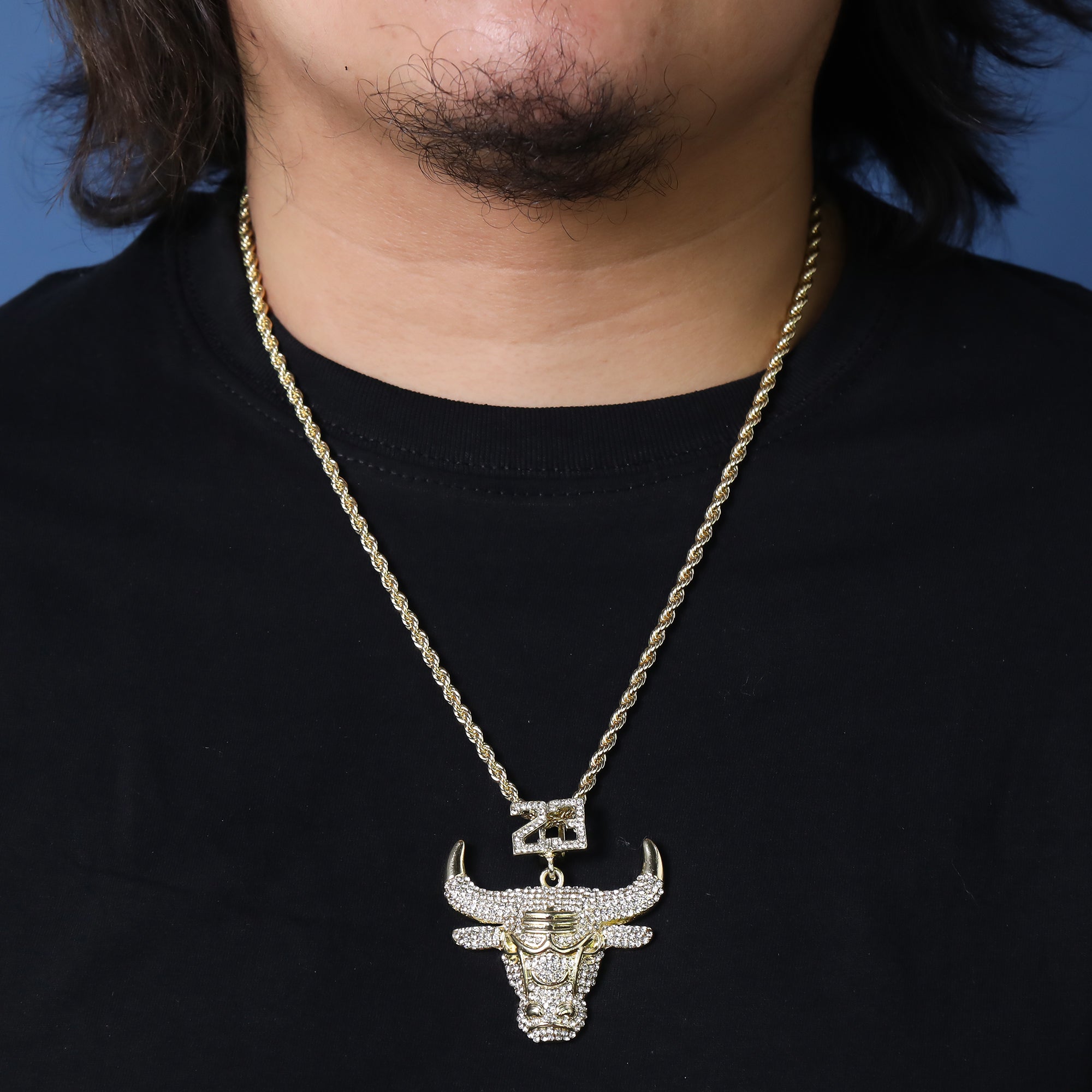 Iced Big 23 Bull Pendant 24"Rope Chain Hip Hop Style 18k Gold Plated