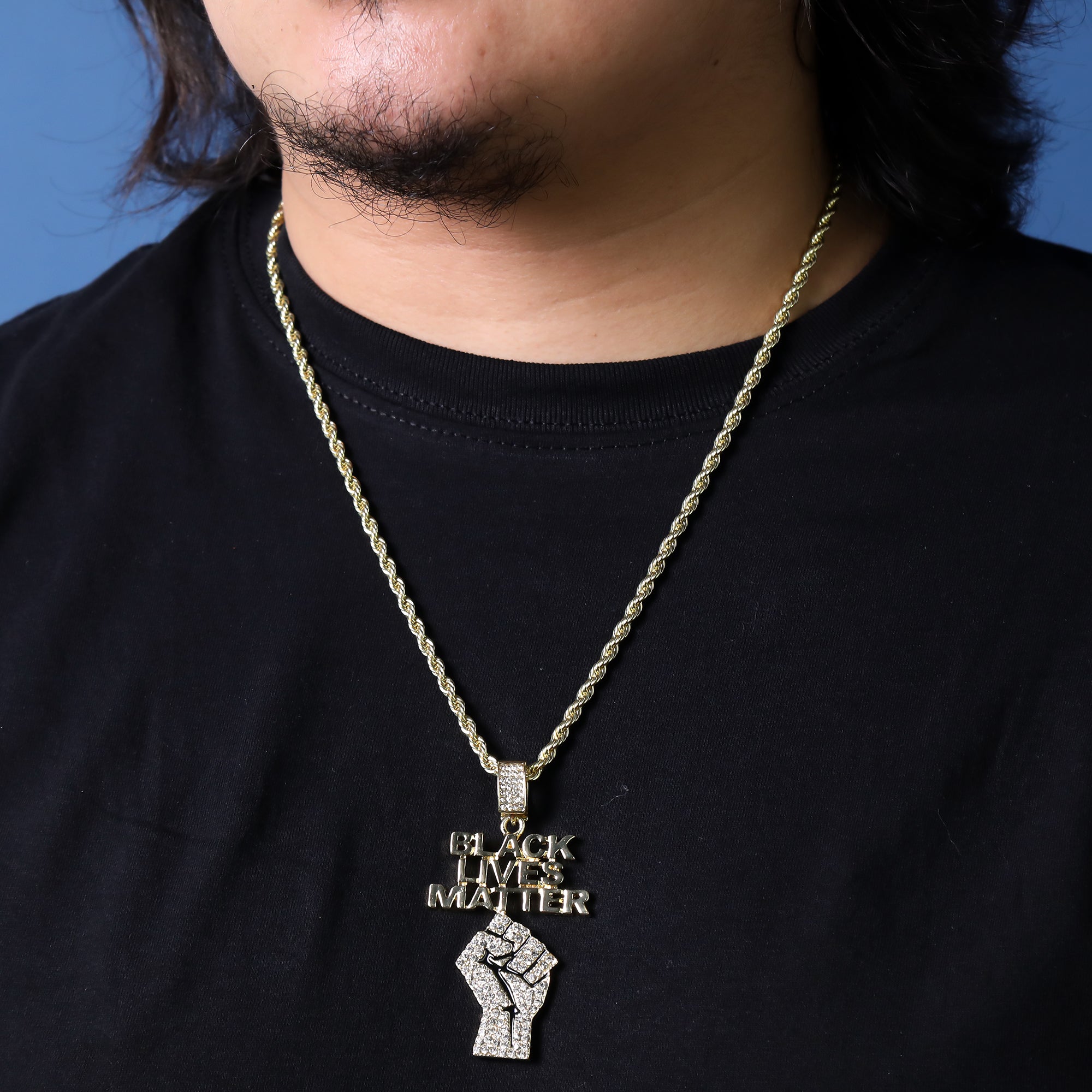 Iced BLM Fist Letter Pendant 24"Rope Chain Hip Hop Style 18k Gold Plated