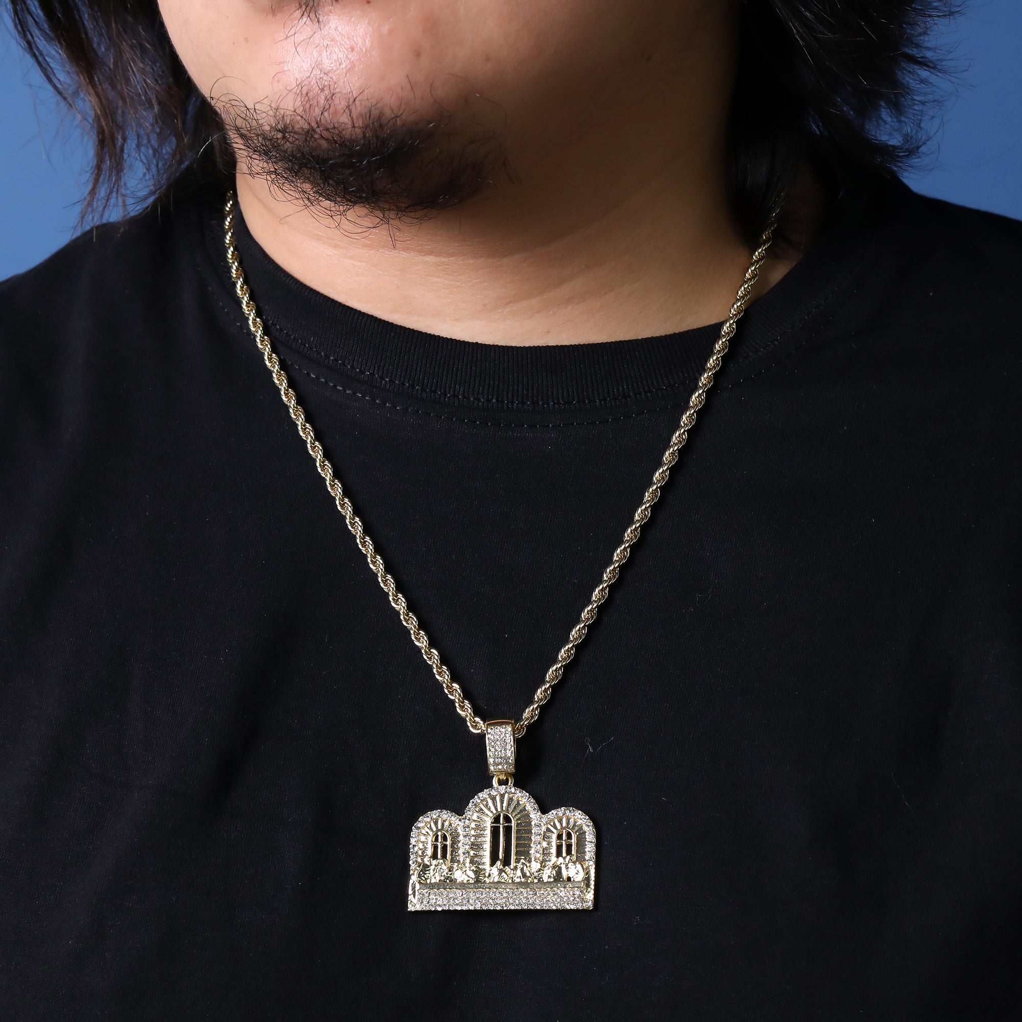 Iced Last Supper Temple Pendant 24"Rope Chain Hip Hop Style 18k Gold Plated