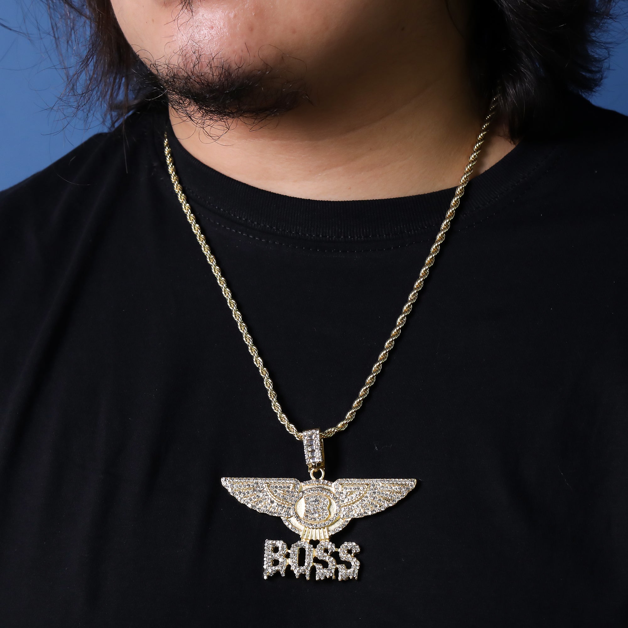 Iced Boss Wing Drip Pendant 24"Rope Chain Hip Hop Style 18k Gold Plated