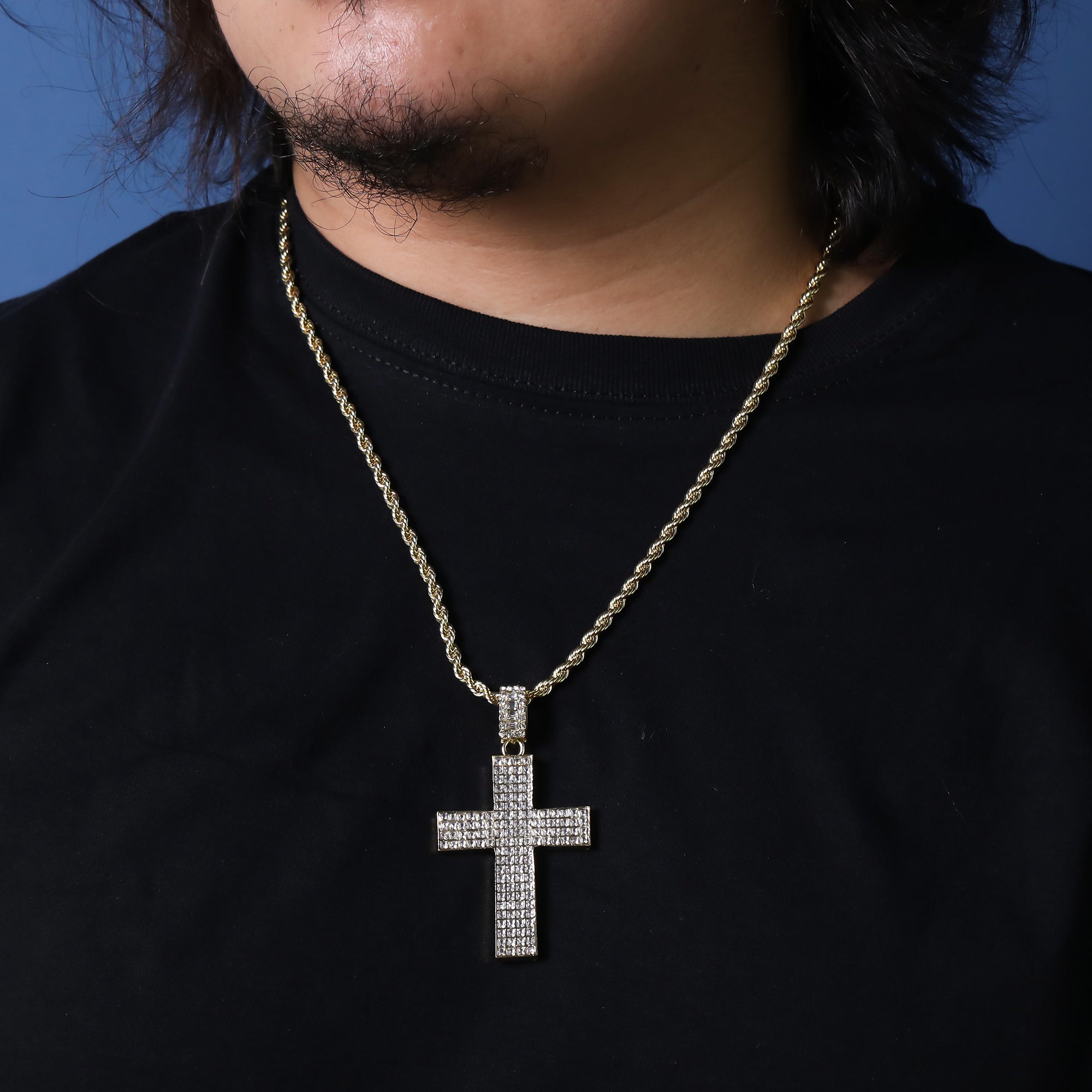 Iced 4 Row Cross Pendant 24"Rope Chain Hip Hop Style 18k Gold Plated