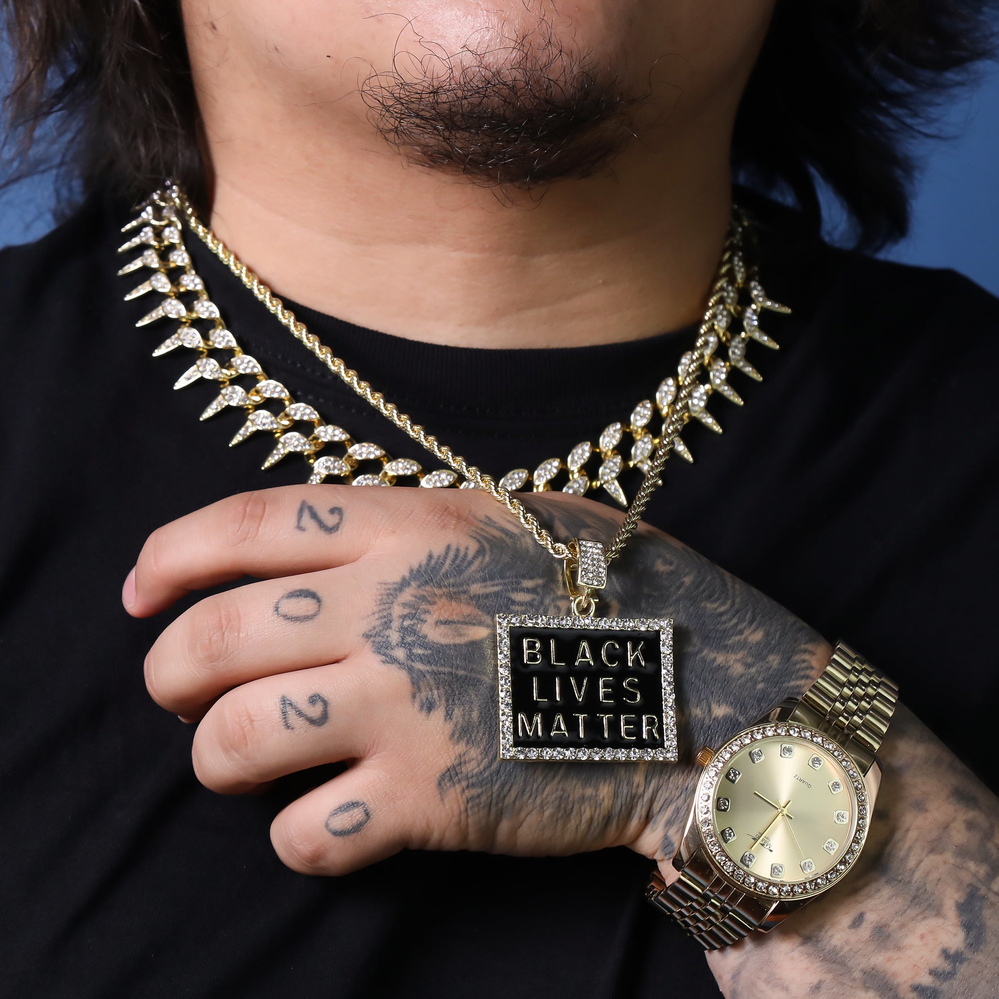 Iced Block Black Lives Matter Pendant 24"Rope Chain Hip Hop Style 18k Gold Plated