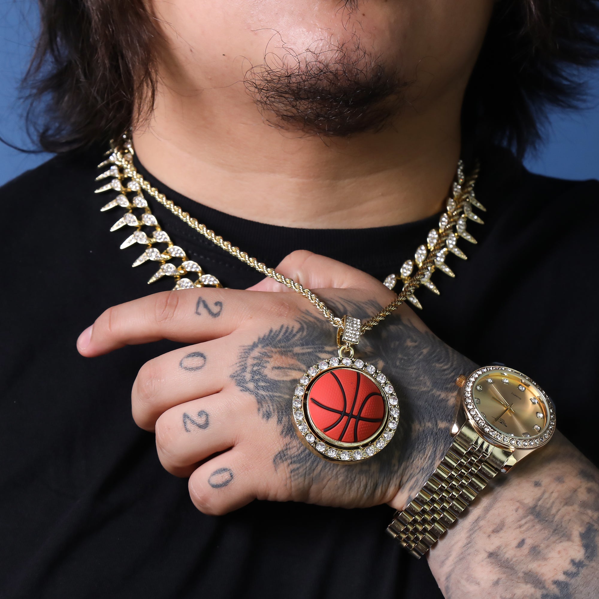Iced Round Basketball Pendant 24"Rope Chain Hip Hop Style 18k Gold Plated