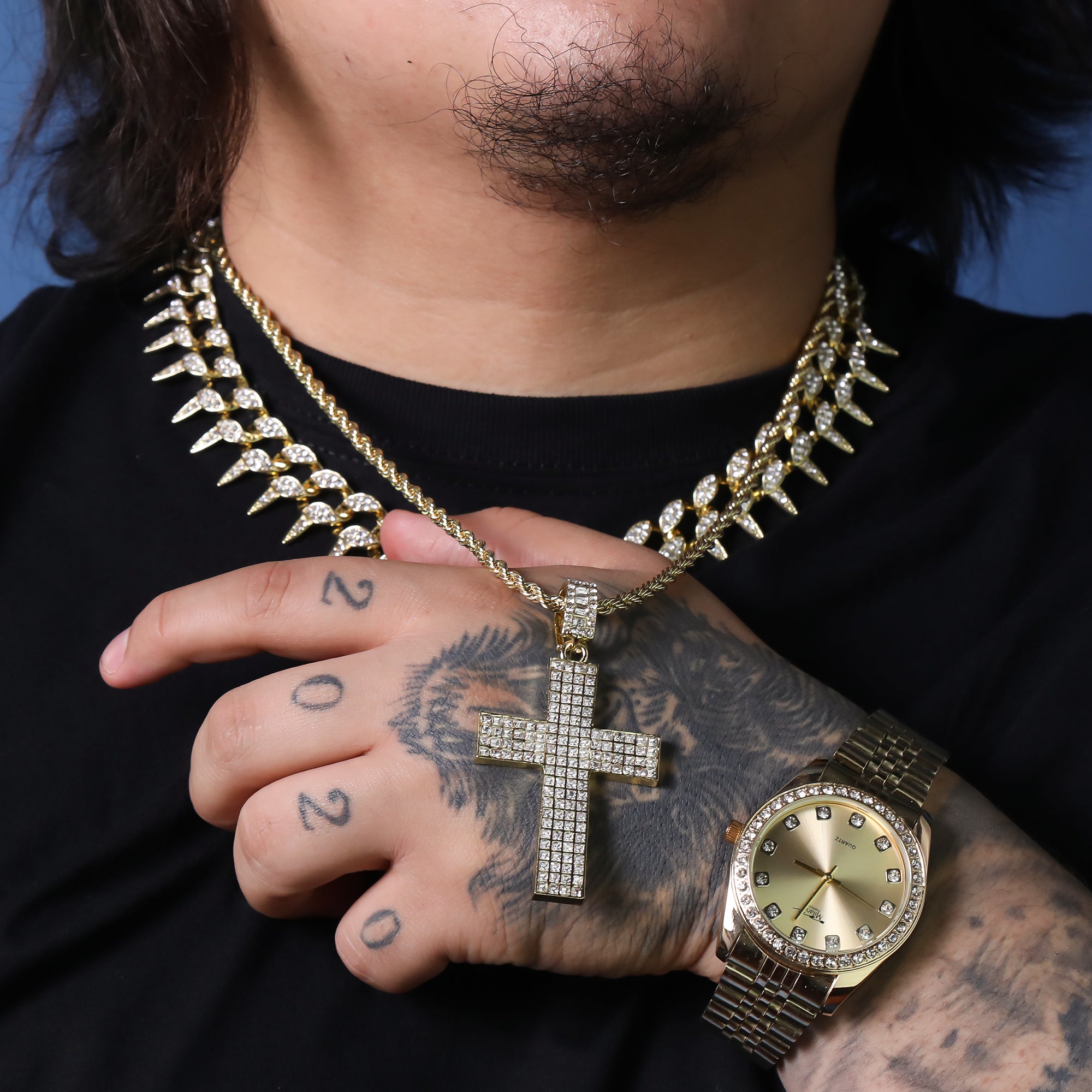 Iced 4 Row Cross Pendant 24"Rope Chain Hip Hop Style 18k Gold Plated