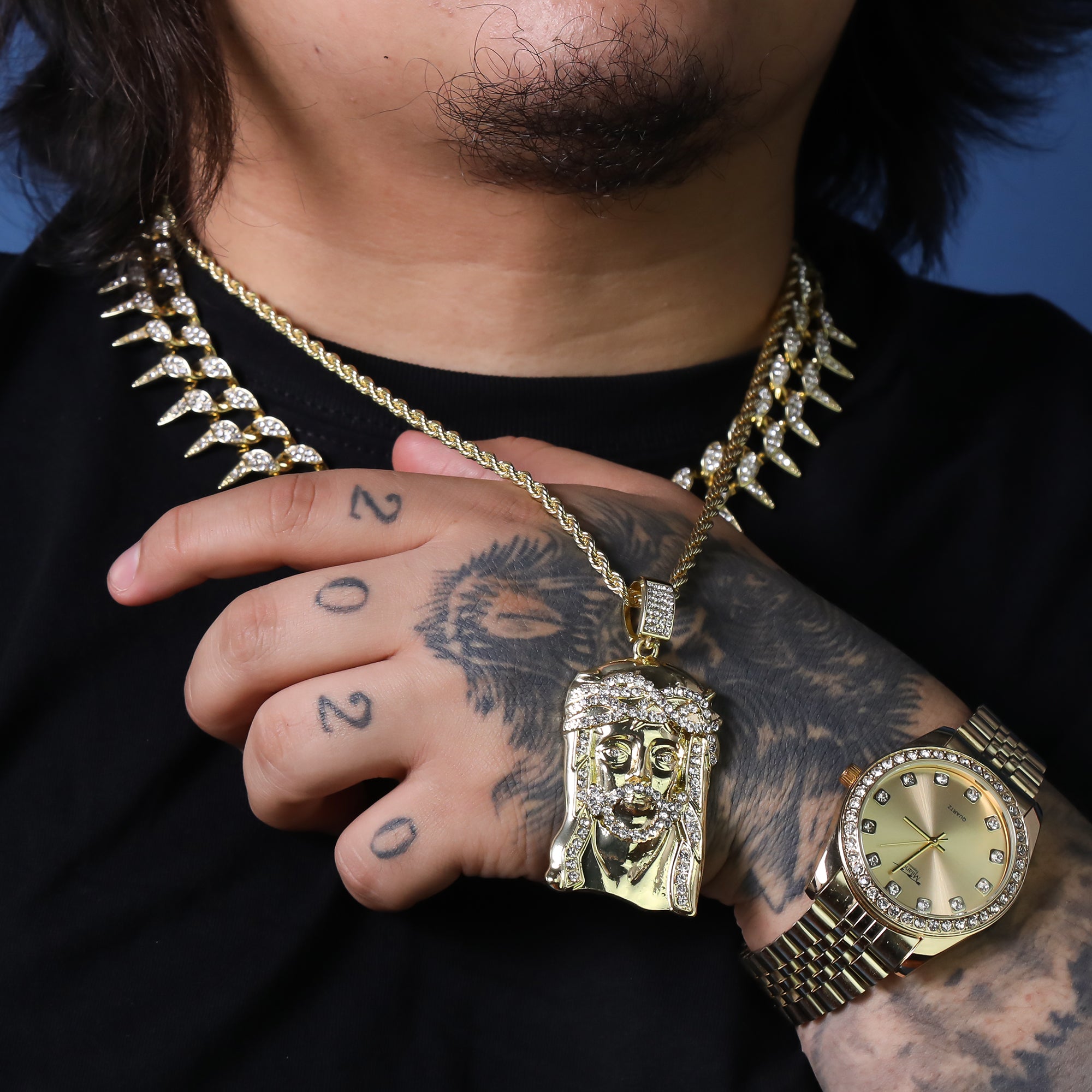 Iced Jesus Face Pendant 24"Rope Chain Hip Hop Style 18k Gold Plated