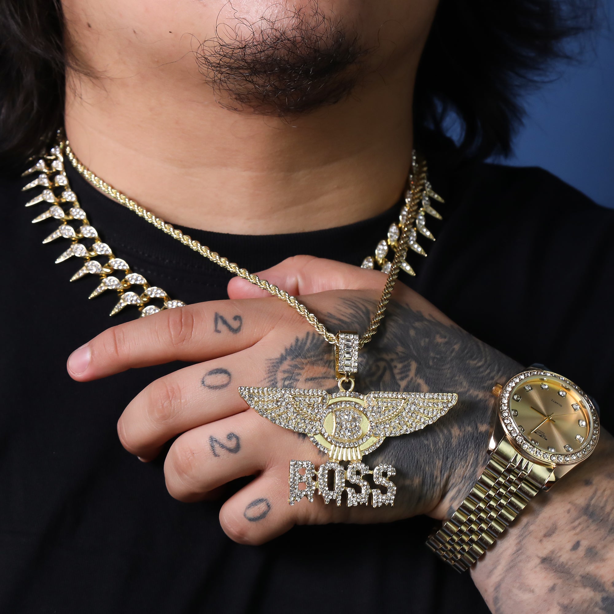 Iced Boss Wing Drip Pendant 24"Rope Chain Hip Hop Style 18k Gold Plated