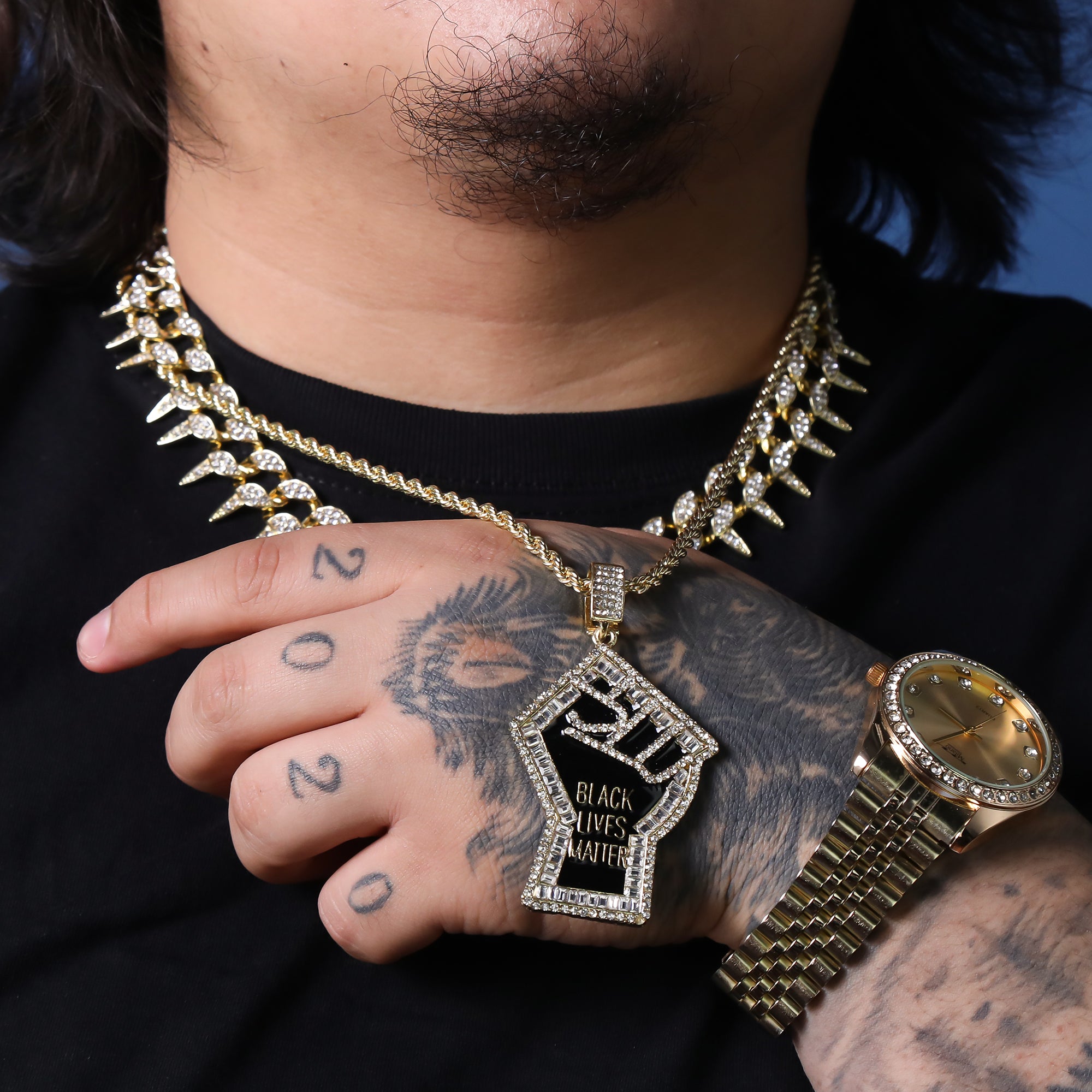 Iced Baguette BLM Fist Pendant 24"Rope Chain Hip Hop Style 18k Gold Plated