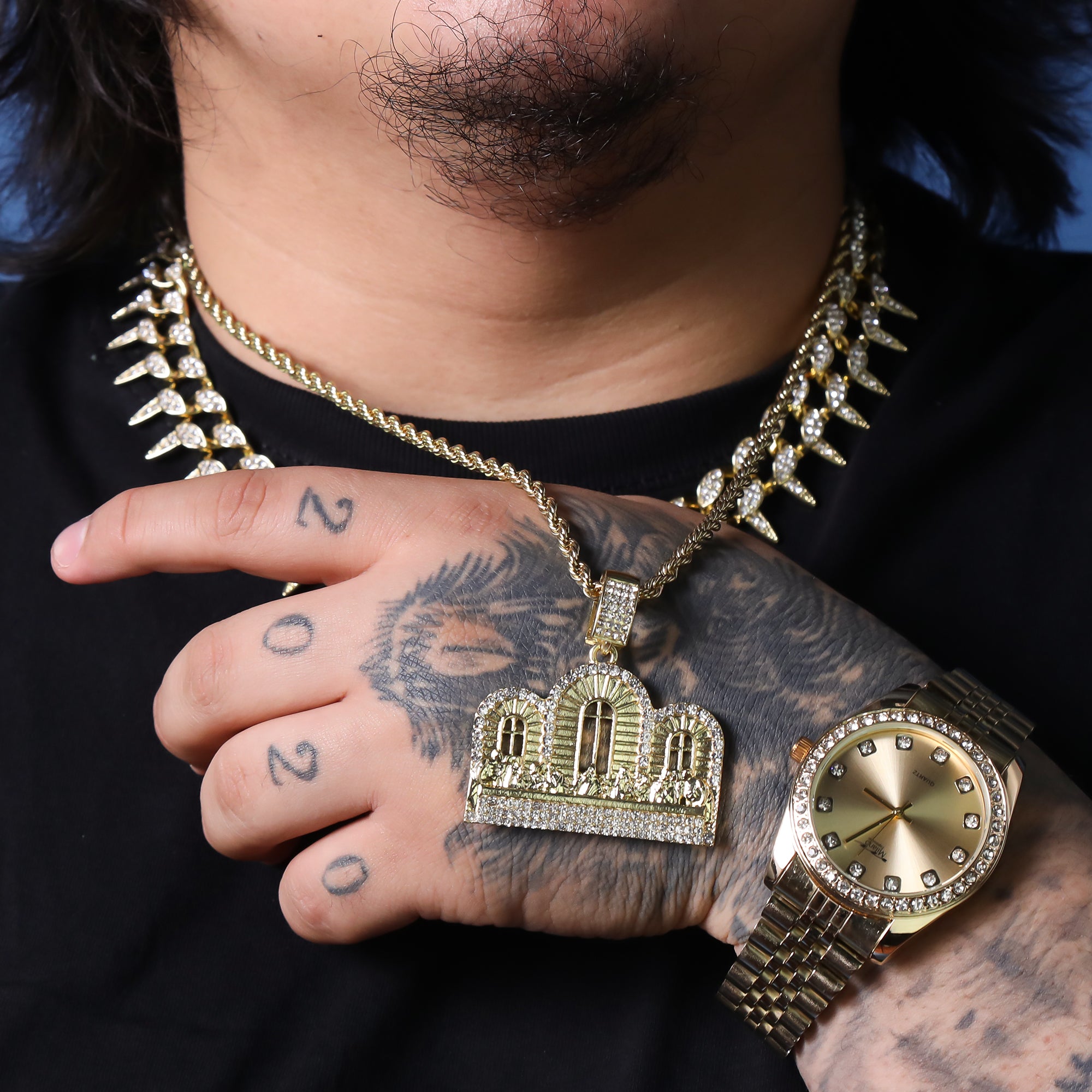 Iced Last Supper Temple Pendant 24"Rope Chain Hip Hop Style 18k Gold Plated