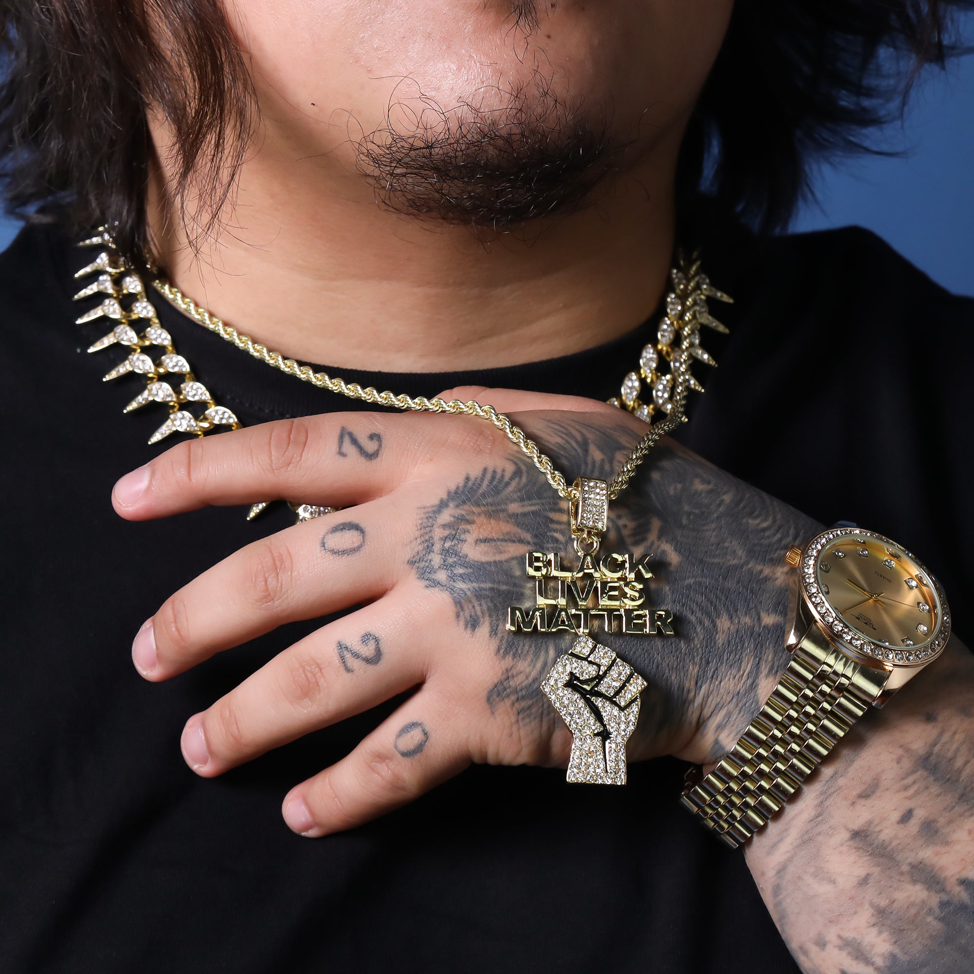 Iced BLM Fist Letter Pendant 24"Rope Chain Hip Hop Style 18k Gold Plated