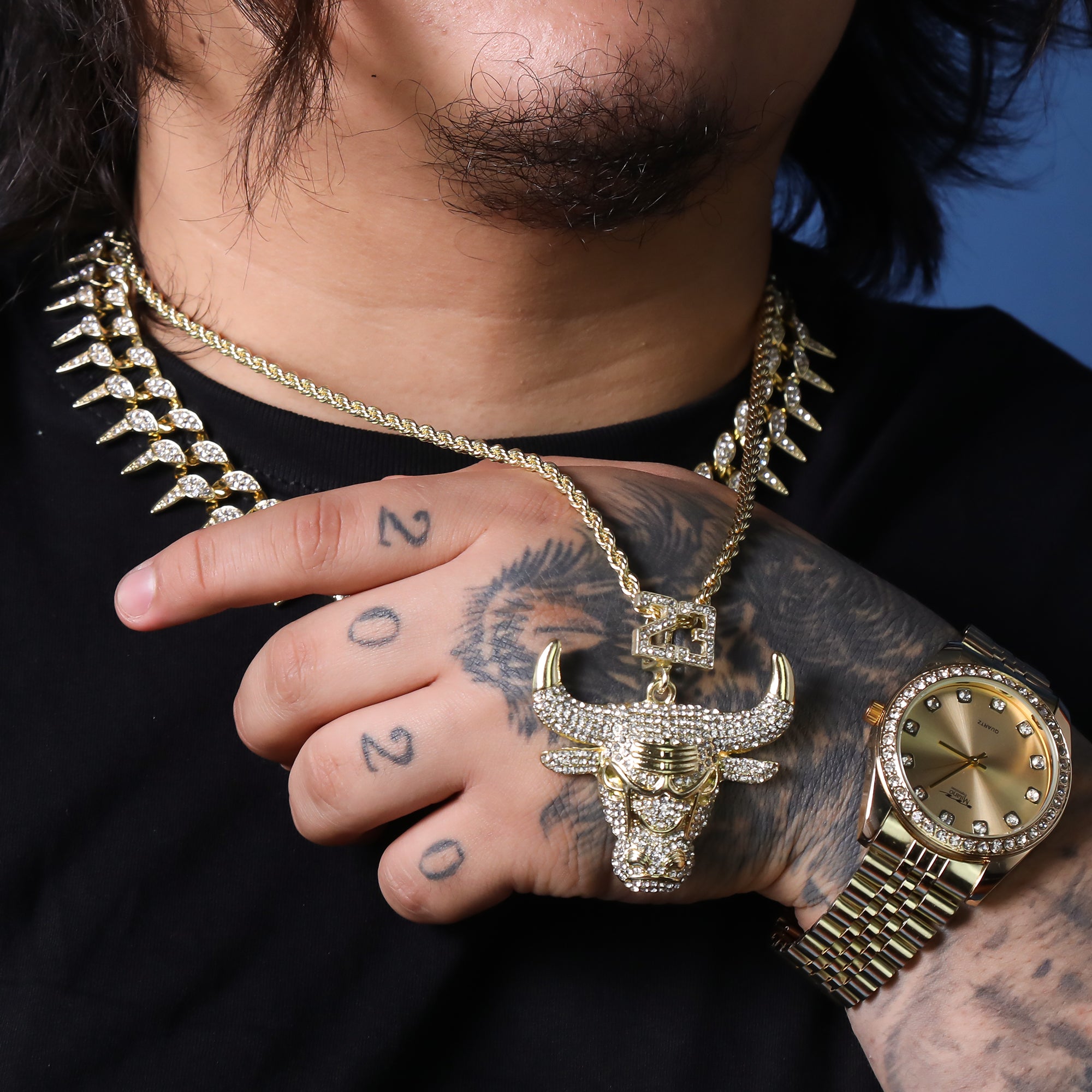 Iced Big 23 Bull Pendant 24"Rope Chain Hip Hop Style 18k Gold Plated