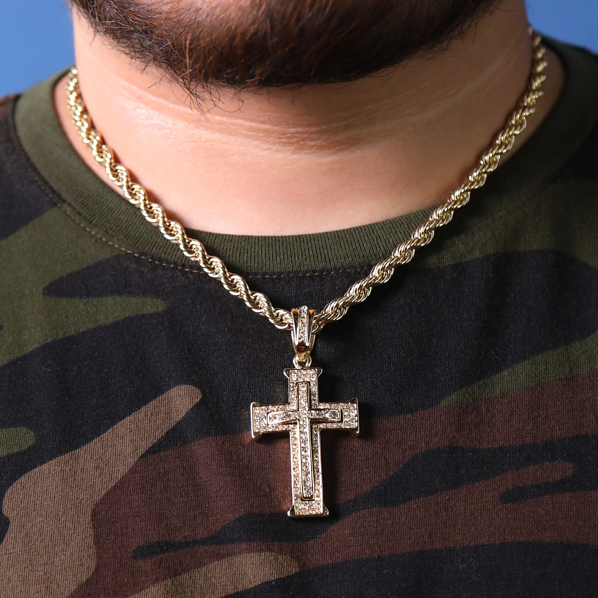 Two Layer Cross Pendant 20" Rope Chain Hip Hop Style 18k Gold Plated