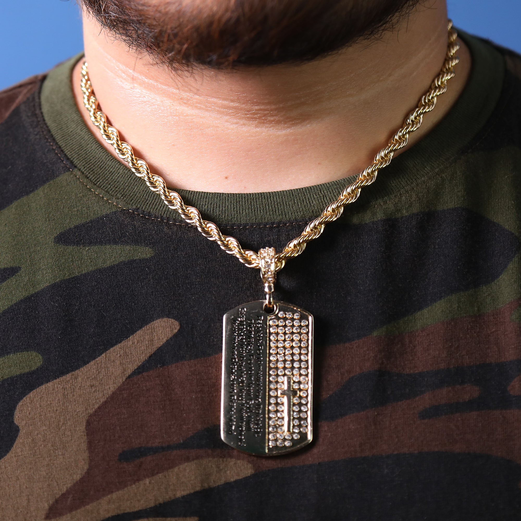 Dog Tag Encrypt Prayer Pendant 20" Rope Chain Hip Hop Style 18k Gold Plated