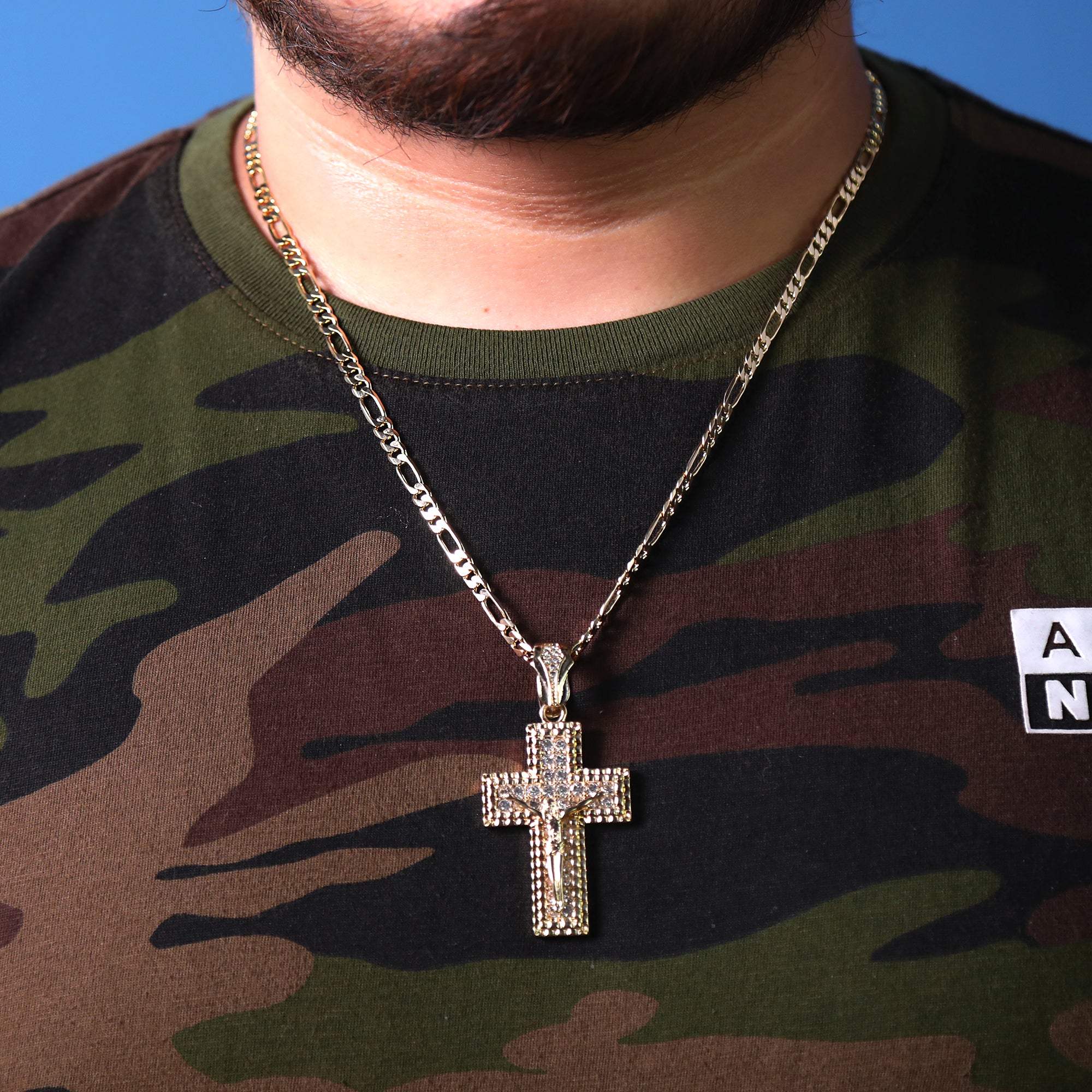 M1 Jesus Cross Iced Pendant 24" Figaro Chain Hip Hop Style 18k Gold Plated