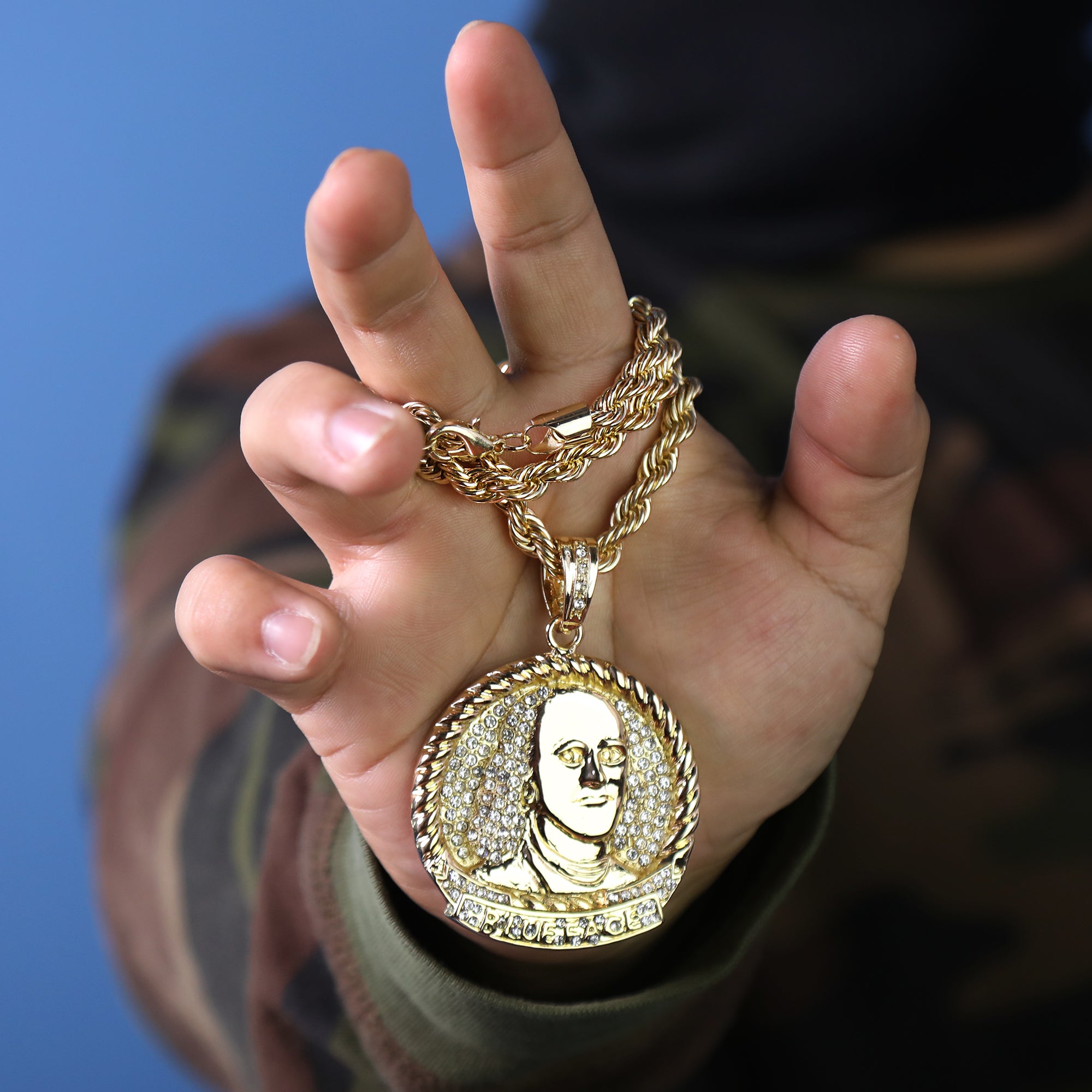 $100 Benjamin Medallion Pendant 20" Rope Chain Hip Hop Style 18k Gold Plated