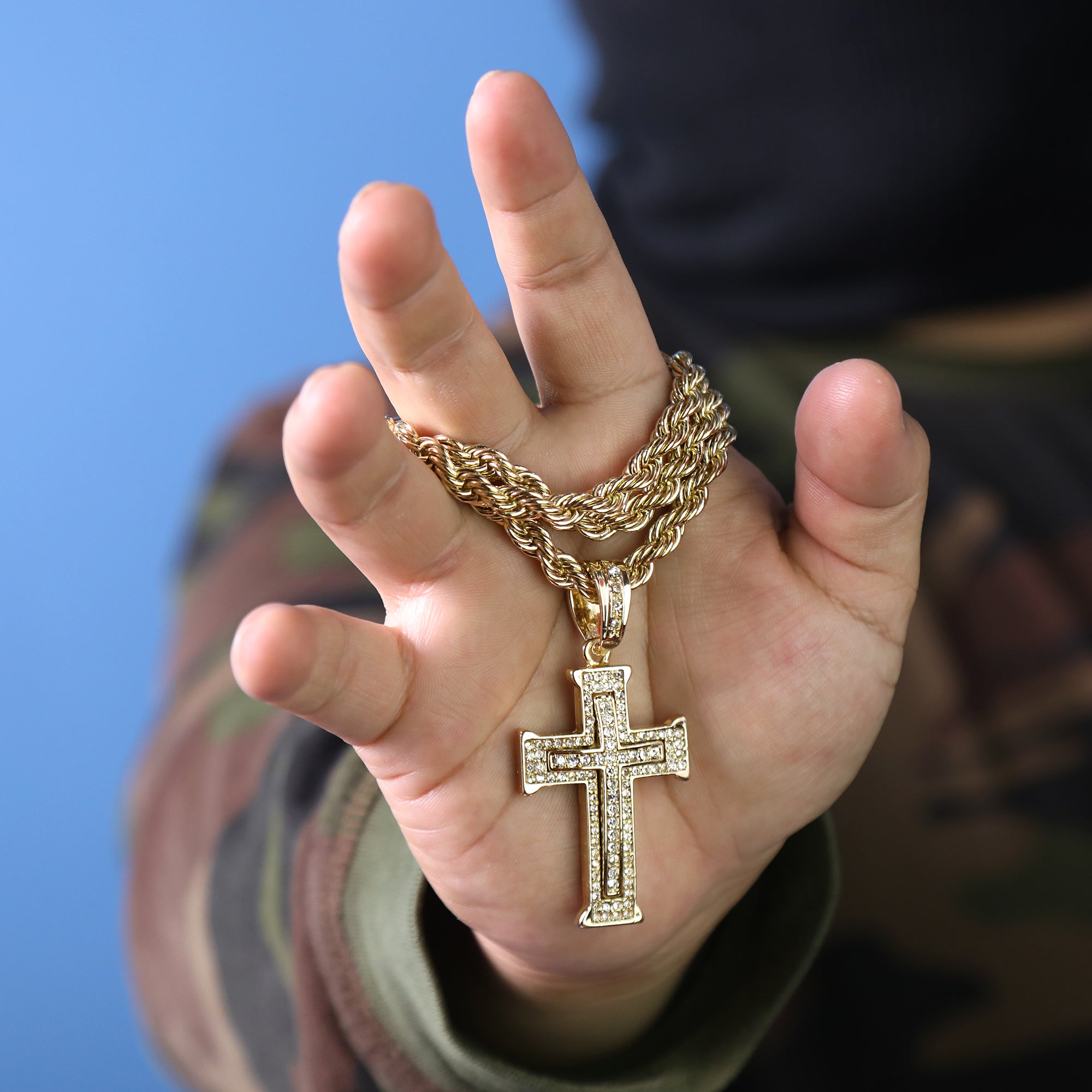 Two Layer Cross Pendant 20" Rope Chain Hip Hop Style 18k Gold Plated