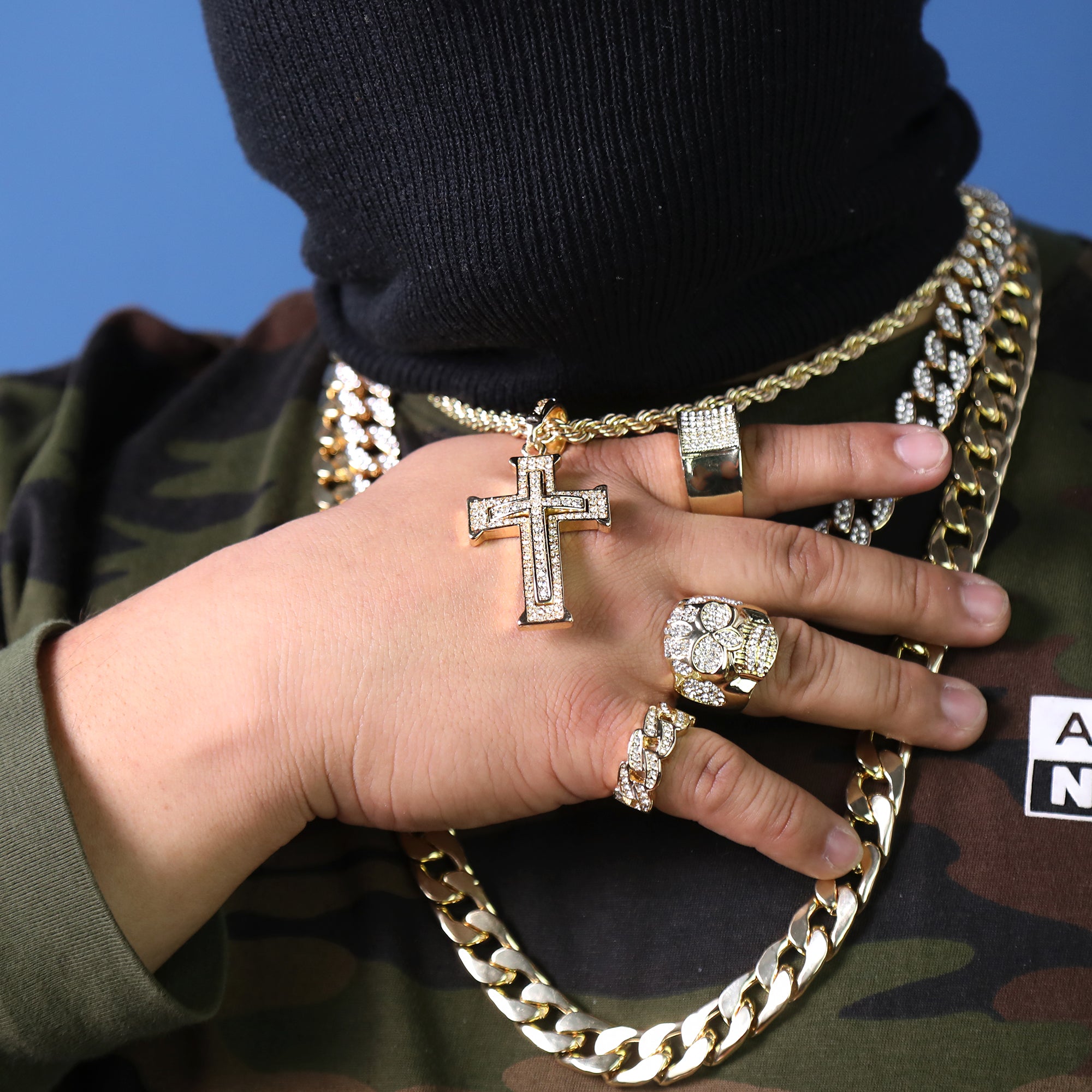 Two Layer Cross Pendant 20" Rope Chain Hip Hop Style 18k Gold Plated