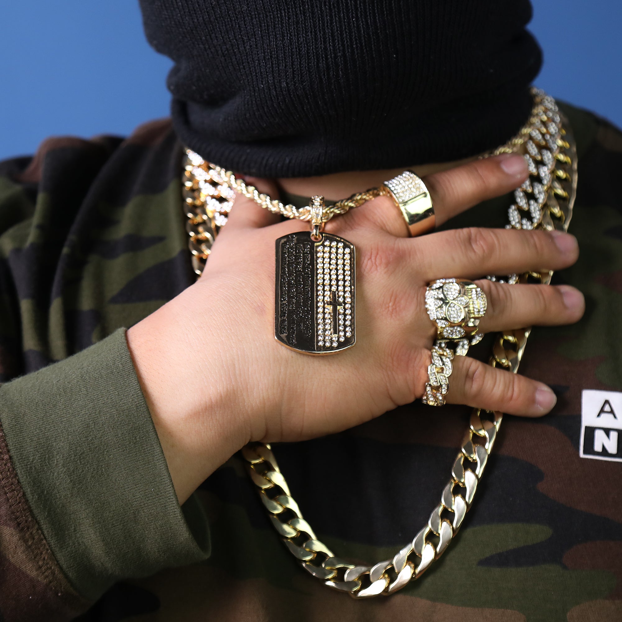 Dog Tag Encrypt Prayer Pendant 20" Rope Chain Hip Hop Style 18k Gold Plated