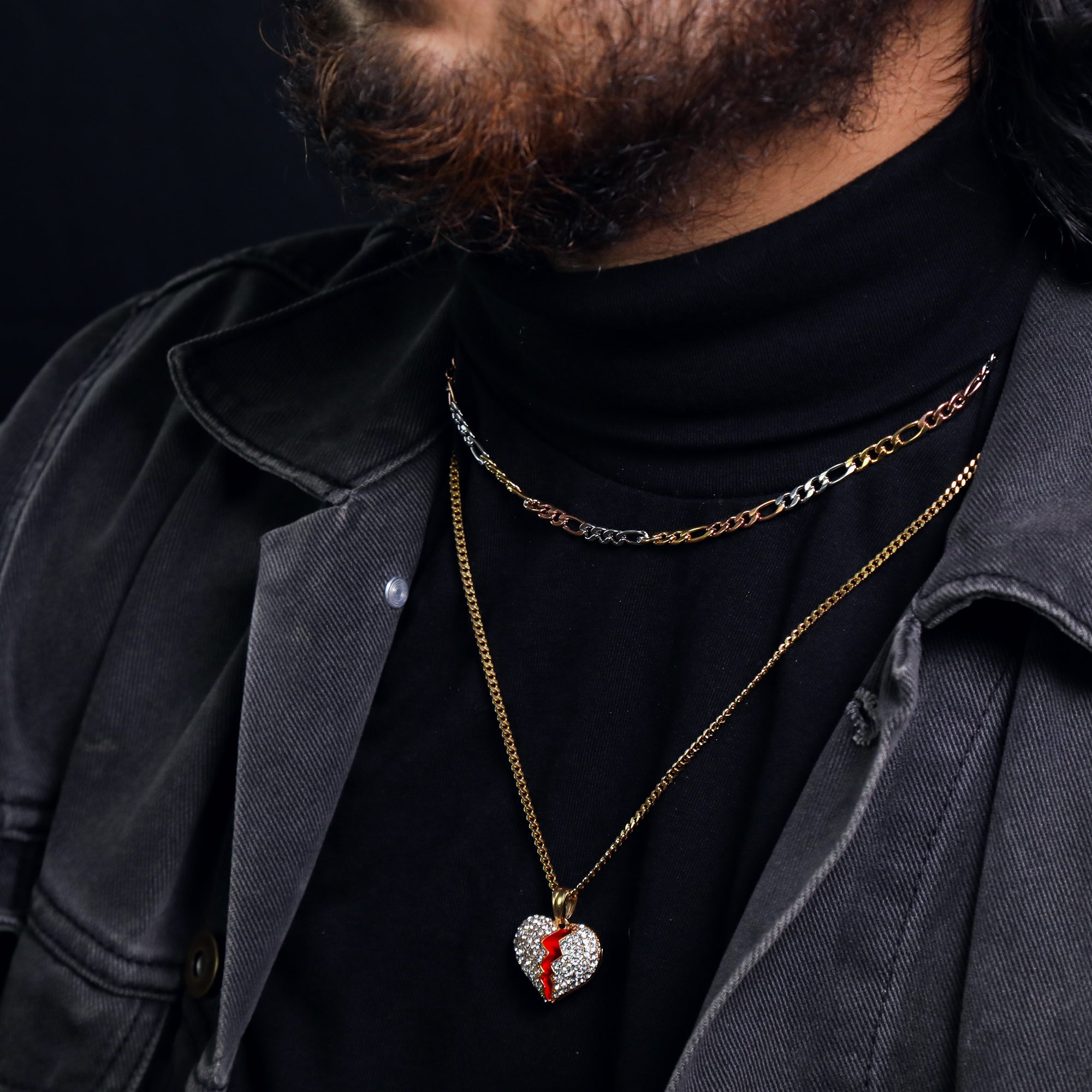Broken Heart Pendant 24" Cuban Chain Hip Hop Style 18k Gold Stainless Steel
