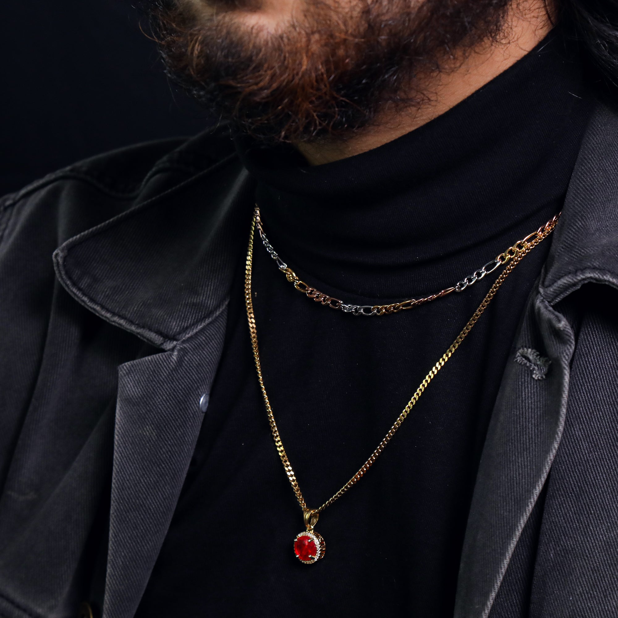 Red Round Ruby Pendant 24" Cuban Chain Hip Hop Style 18k Gold Stainless Steel