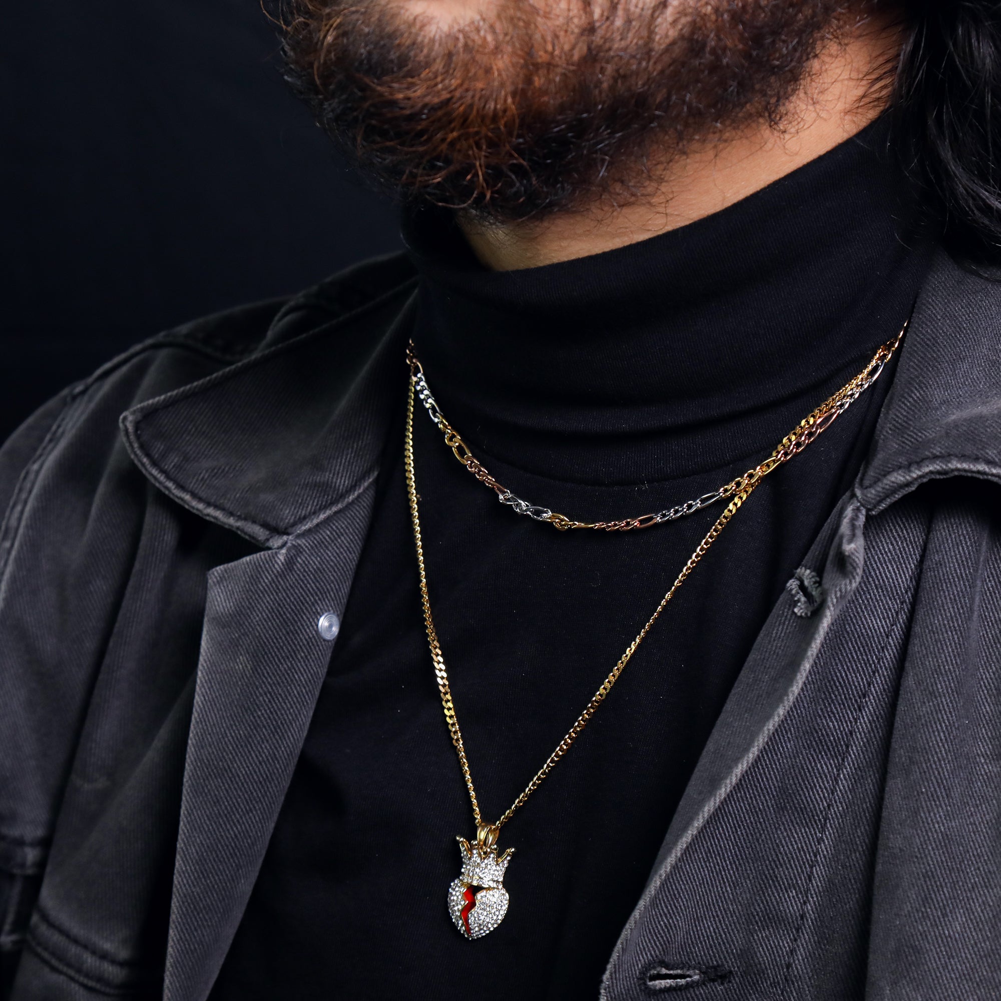 Crowned Broken Heart Pendant 24" Cuban Chain Hip Hop Style 18k Gold Stainless Steel