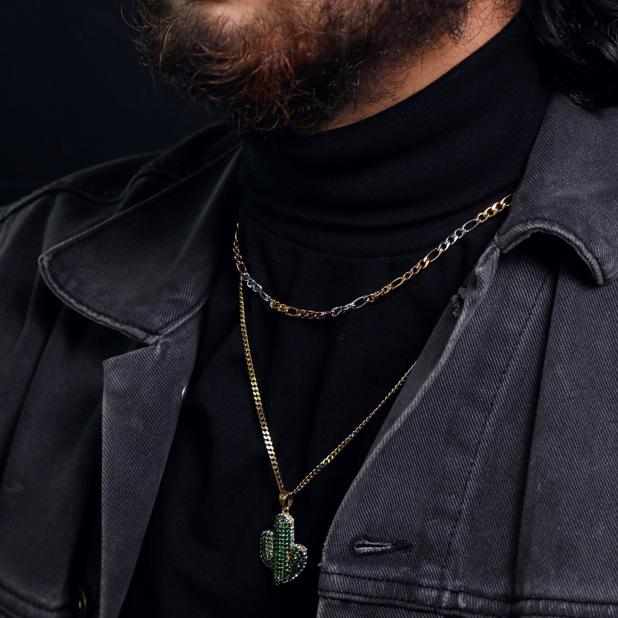 Green Cactus Pendant 24" Cuban Chain Hip Hop Style 18k Gold Stainless Steel