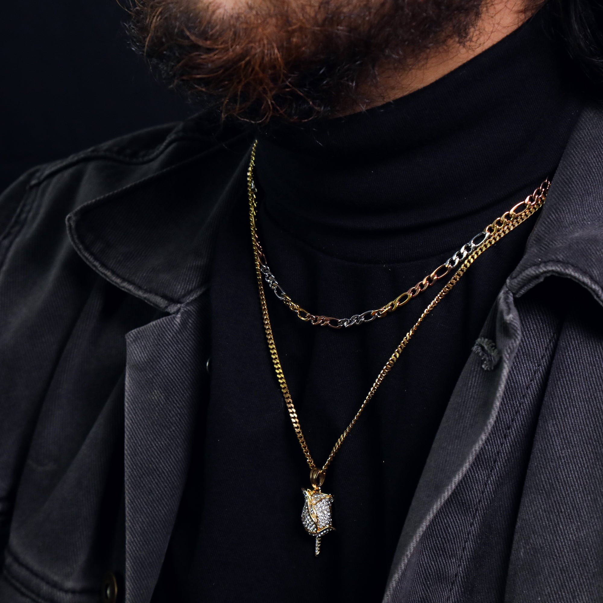 Rose Fully Iced Pendant 24" Cuban Chain Hip Hop Style 18k Gold Stainless Steel