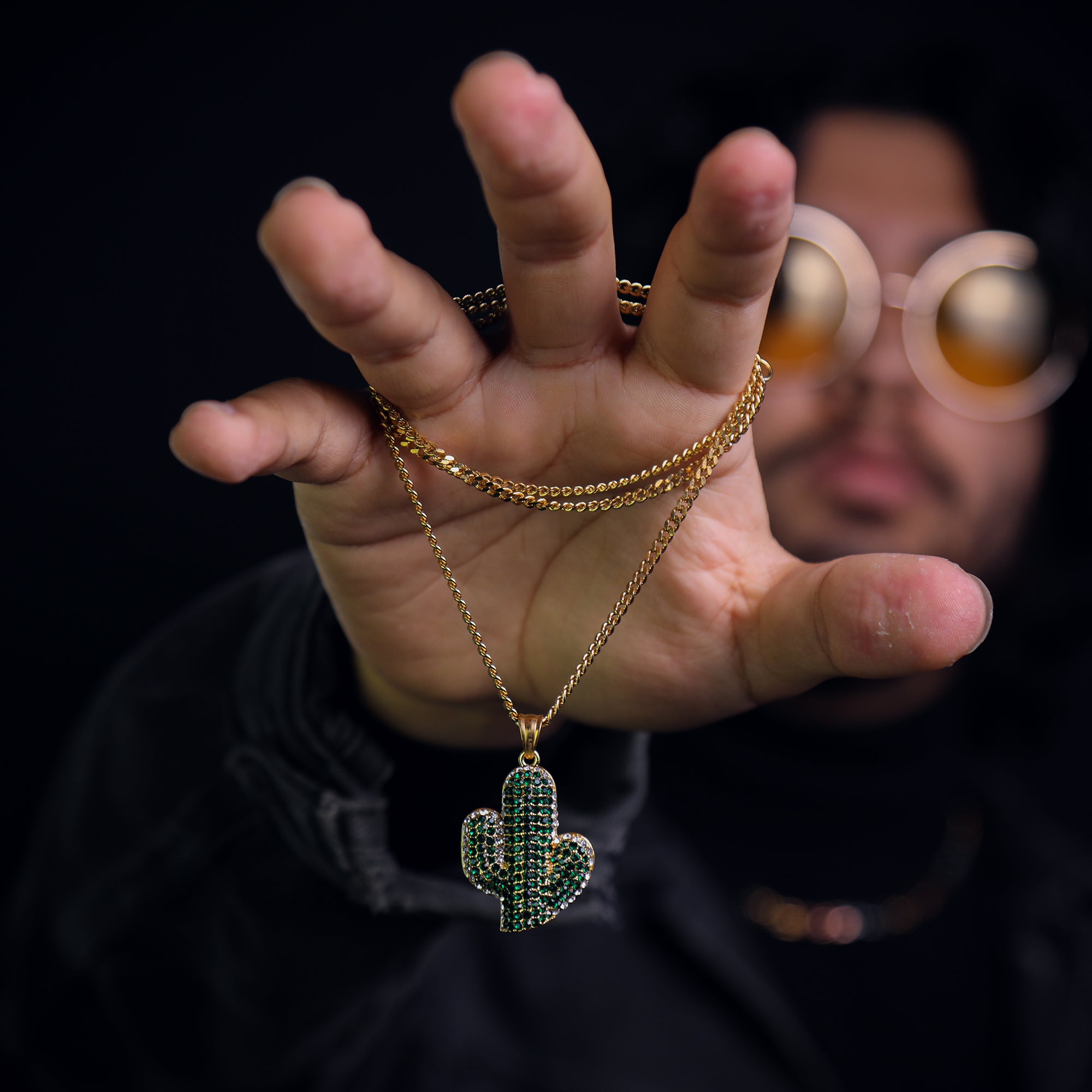 Green Cactus Pendant 24" Cuban Chain Hip Hop Style 18k Gold Stainless Steel