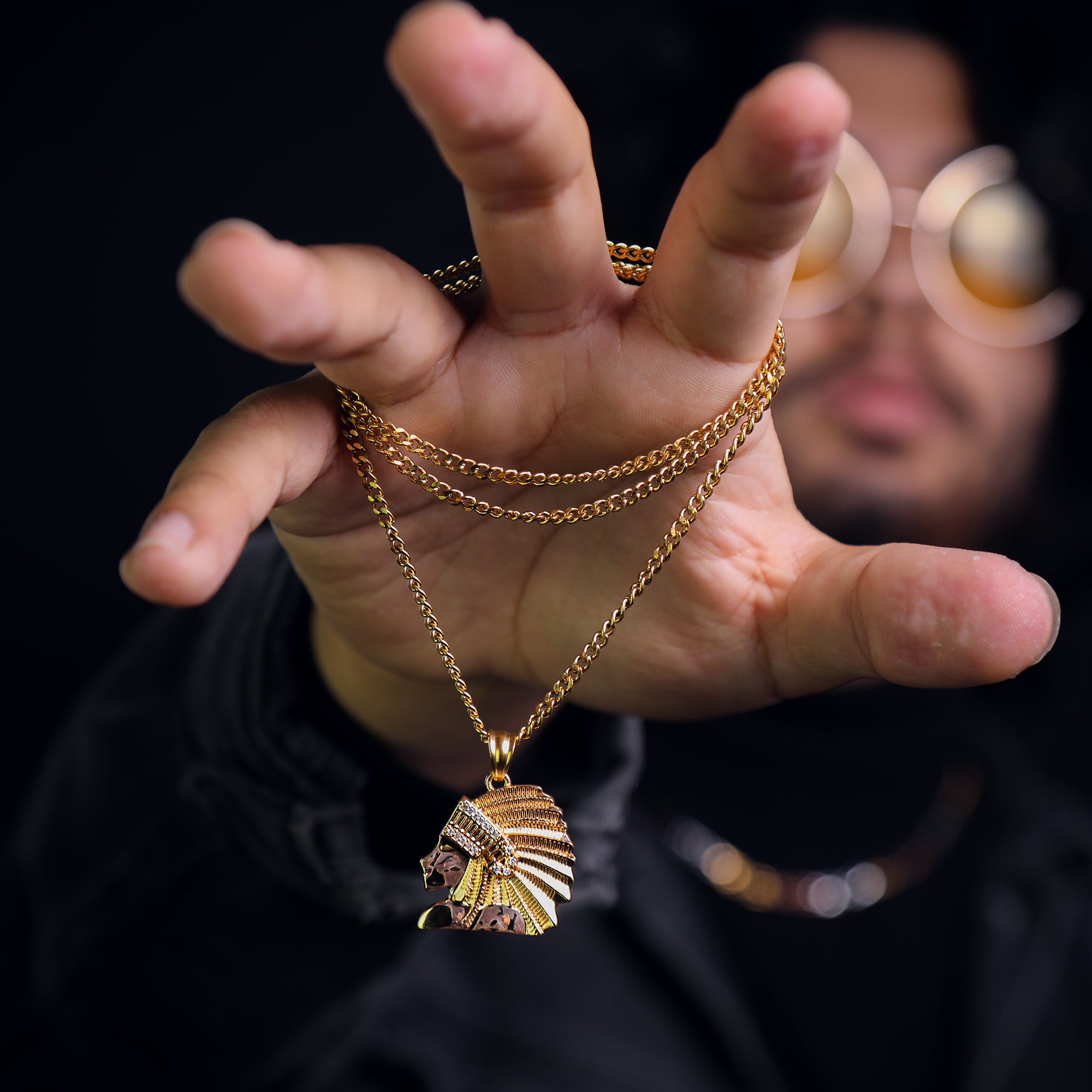 Indian Chief Pendant 24" Cuban Chain Hip Hop Style 18k Gold Stainless Steel