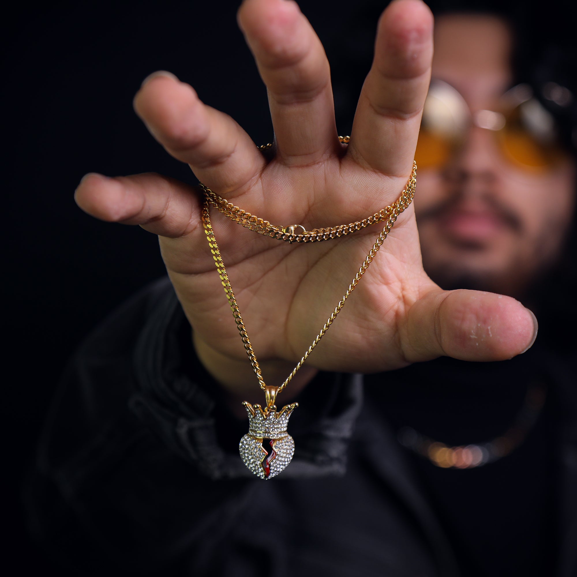 Crowned Broken Heart Pendant 24" Cuban Chain Hip Hop Style 18k Gold Stainless Steel