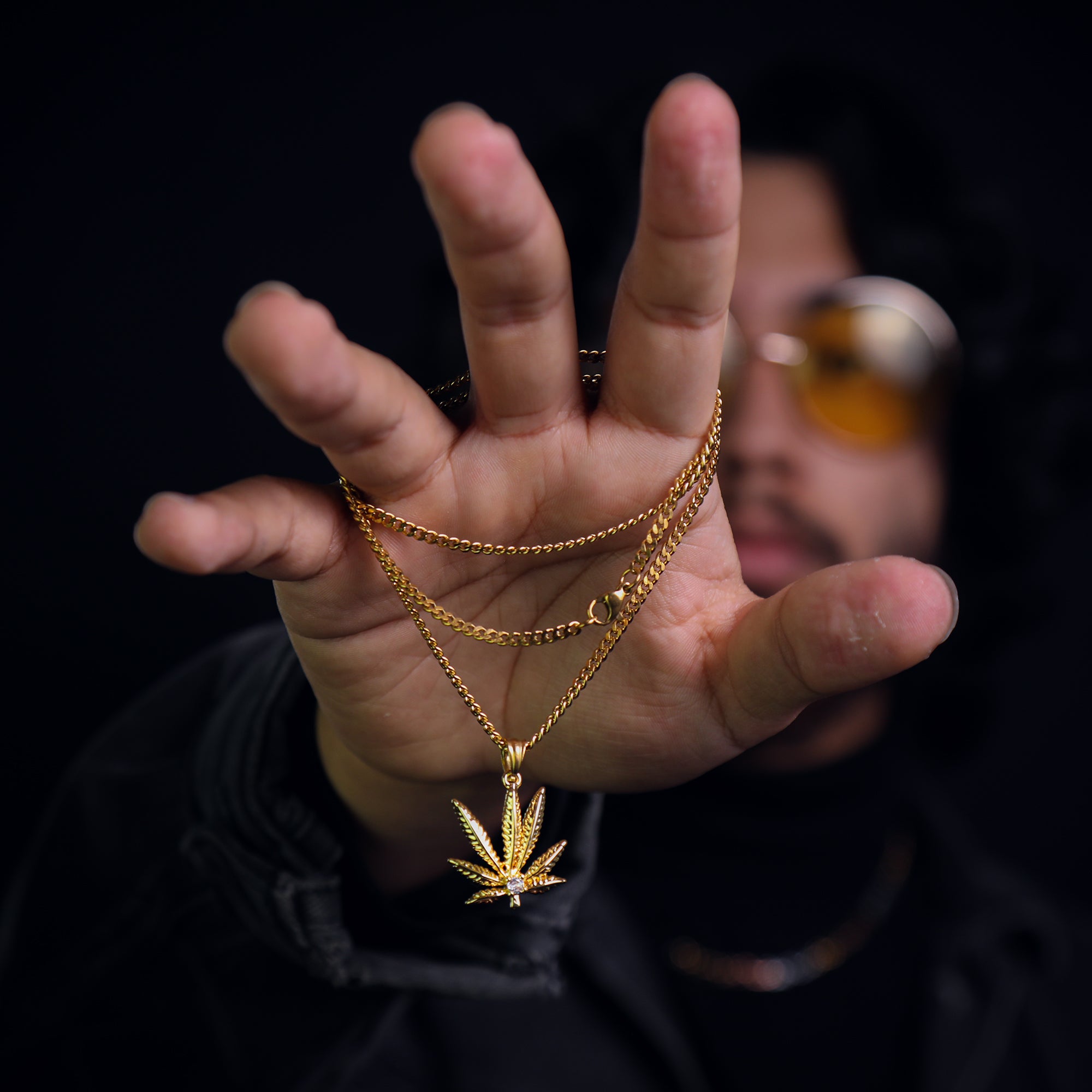 Marijuana Leaf Pendant 24" Cuban Chain Hip Hop Style 18k Gold Stainless Steel
