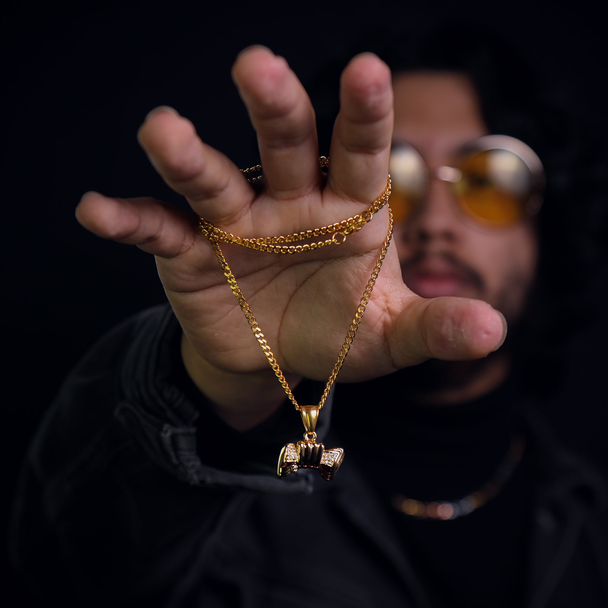 Iced Bowtie Pendant 24" Cuban Chain Hip Hop Style 18k Gold Stainless Steel