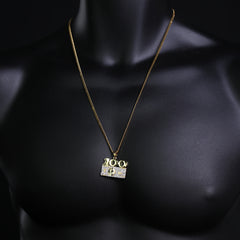100 Dollar Bill Pendant 24" Cuban Chain Hip Hop Style 18k Gold Stainless Steel