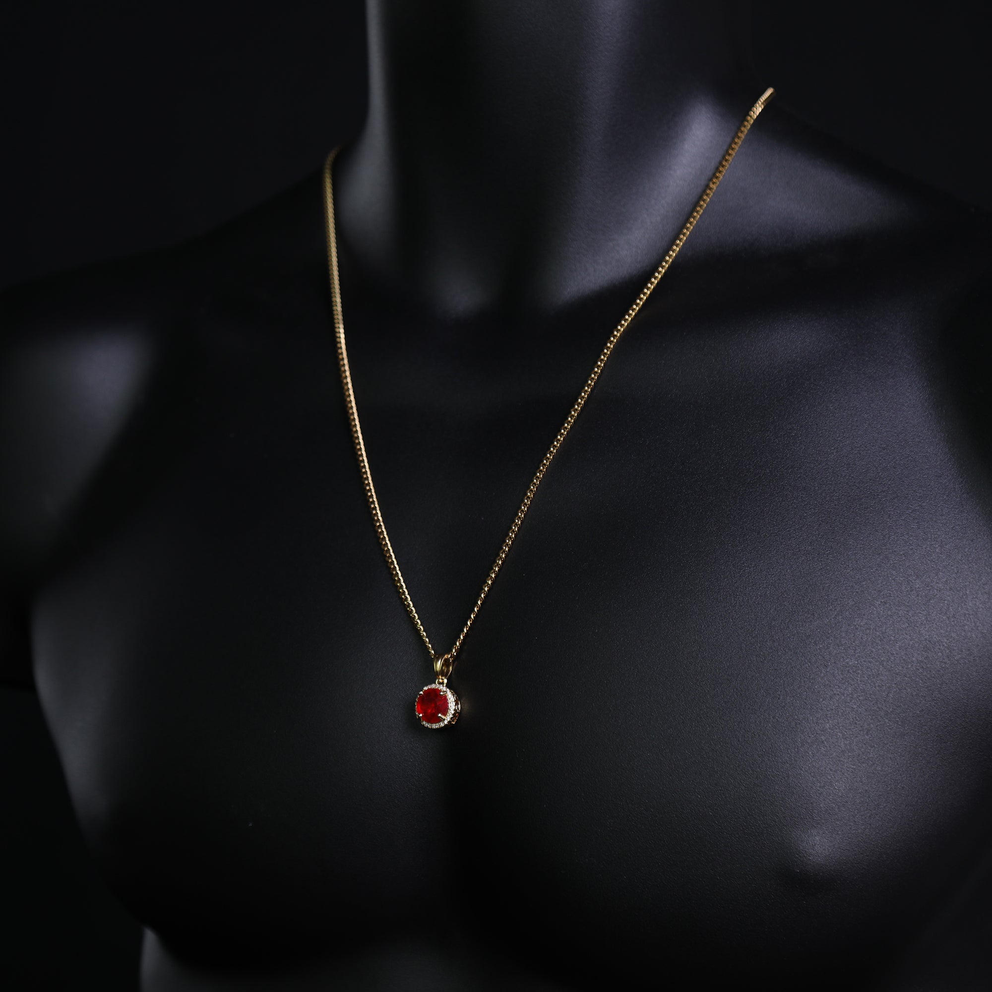 Red Round Ruby Pendant 24" Cuban Chain Hip Hop Style 18k Gold Stainless Steel