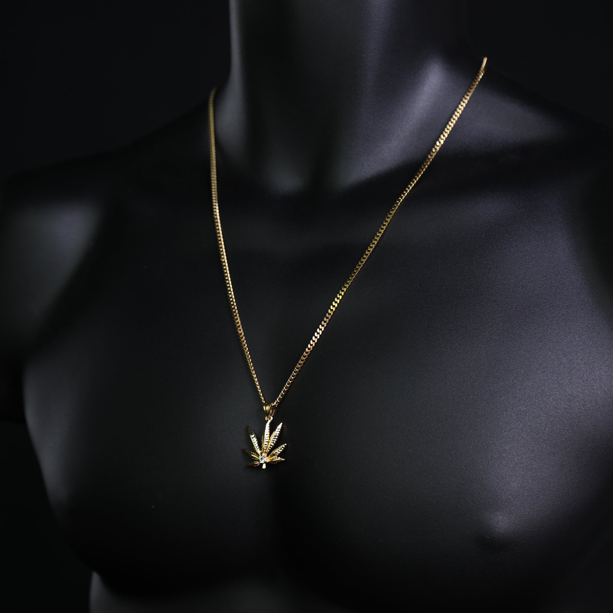Marijuana Leaf Pendant 24" Cuban Chain Hip Hop Style 18k Gold Stainless Steel