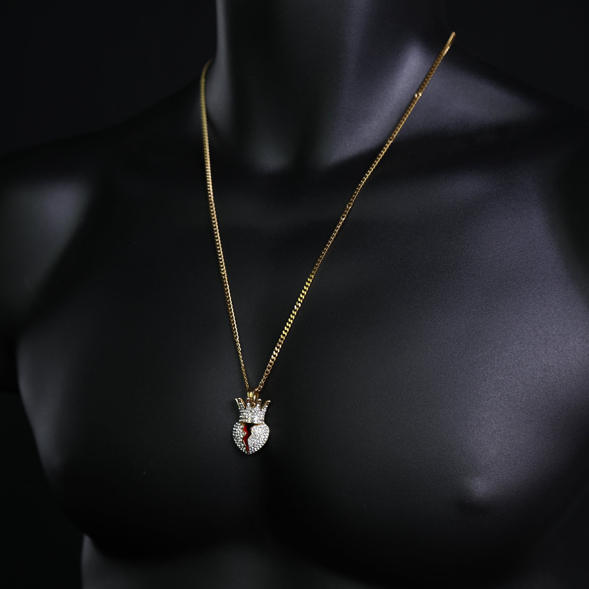 Crowned Broken Heart Pendant 24" Cuban Chain Hip Hop Style 18k Gold Stainless Steel
