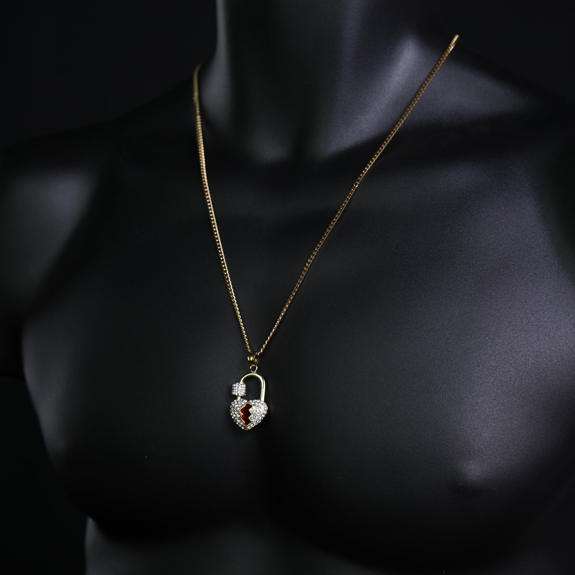 Lock Broken Heart Pendant 24" Cuban Chain Hip Hop Style 18k Gold Stainless Steel