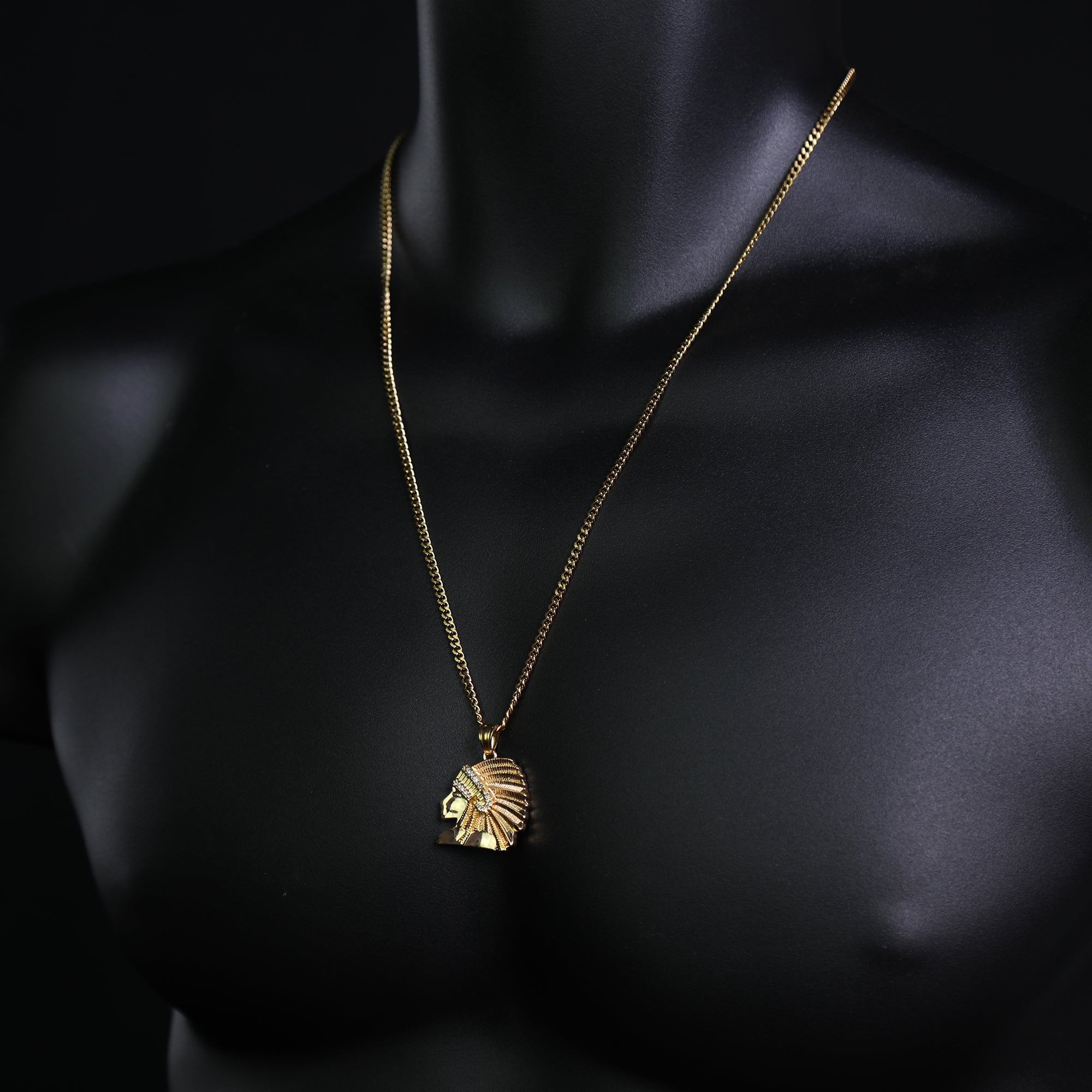 Indian Chief Pendant 24" Cuban Chain Hip Hop Style 18k Gold Stainless Steel