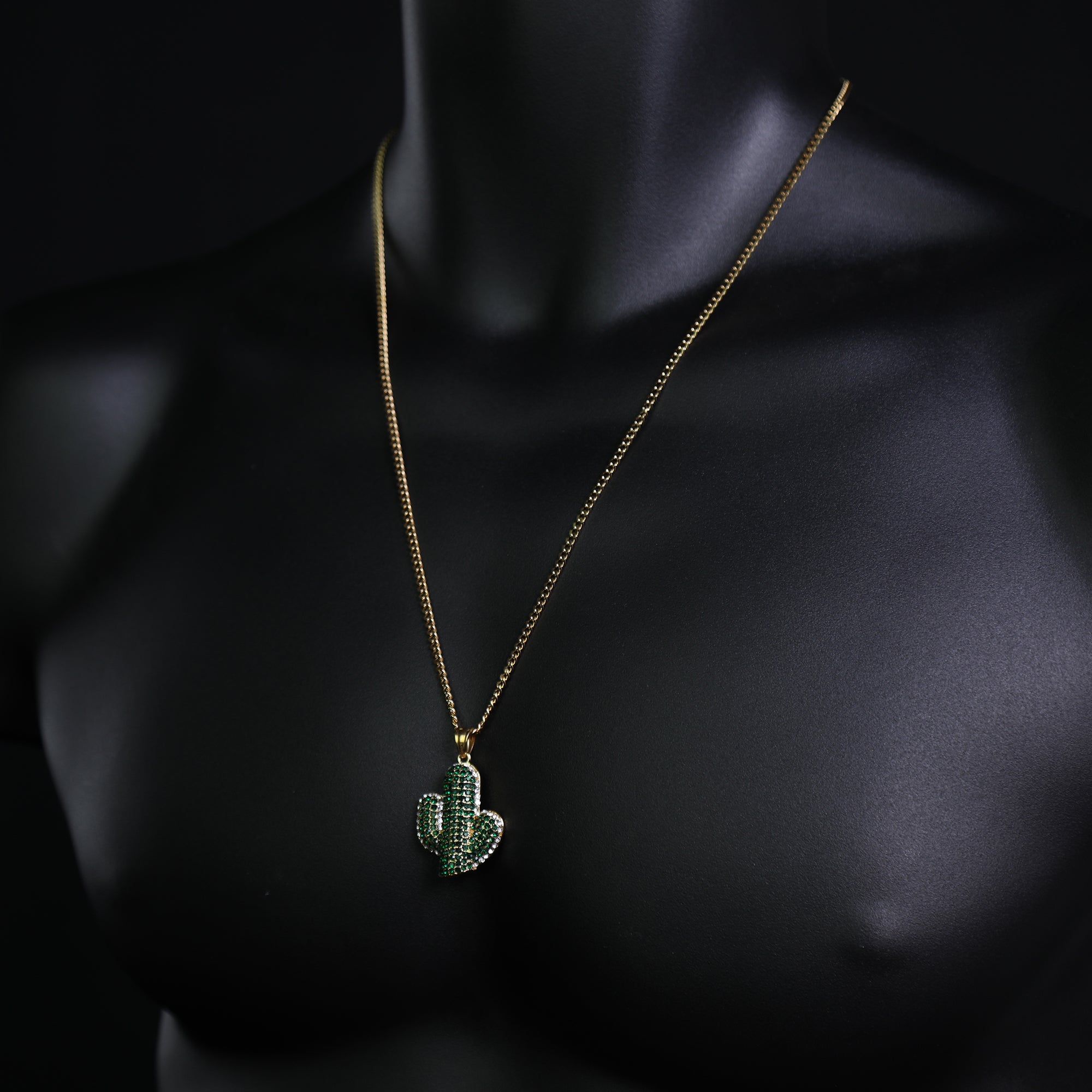 Green Cactus Pendant 24" Cuban Chain Hip Hop Style 18k Gold Stainless Steel