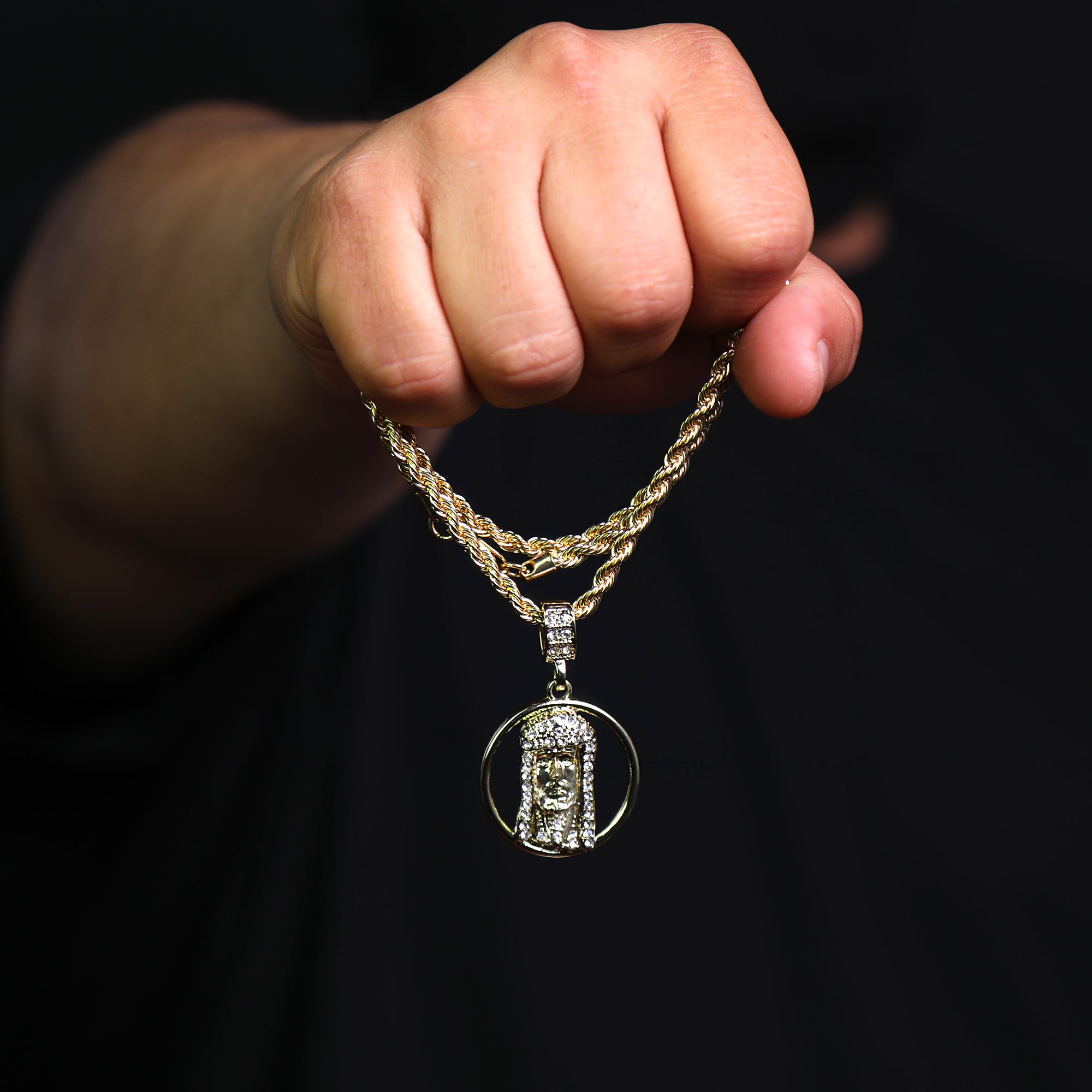 Halo Jesus Face Piece Iced Pendant 24" Rope Chain Hip Hop Style 18k Gold Plated