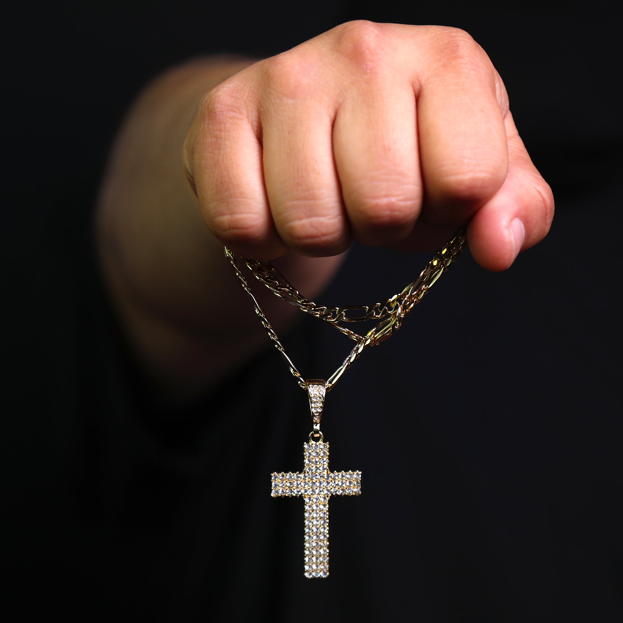 Prong Set Cz 3Row Cross Iced Pendant 24" Figaro Chain Hip Hop Style 18k Gold Plated