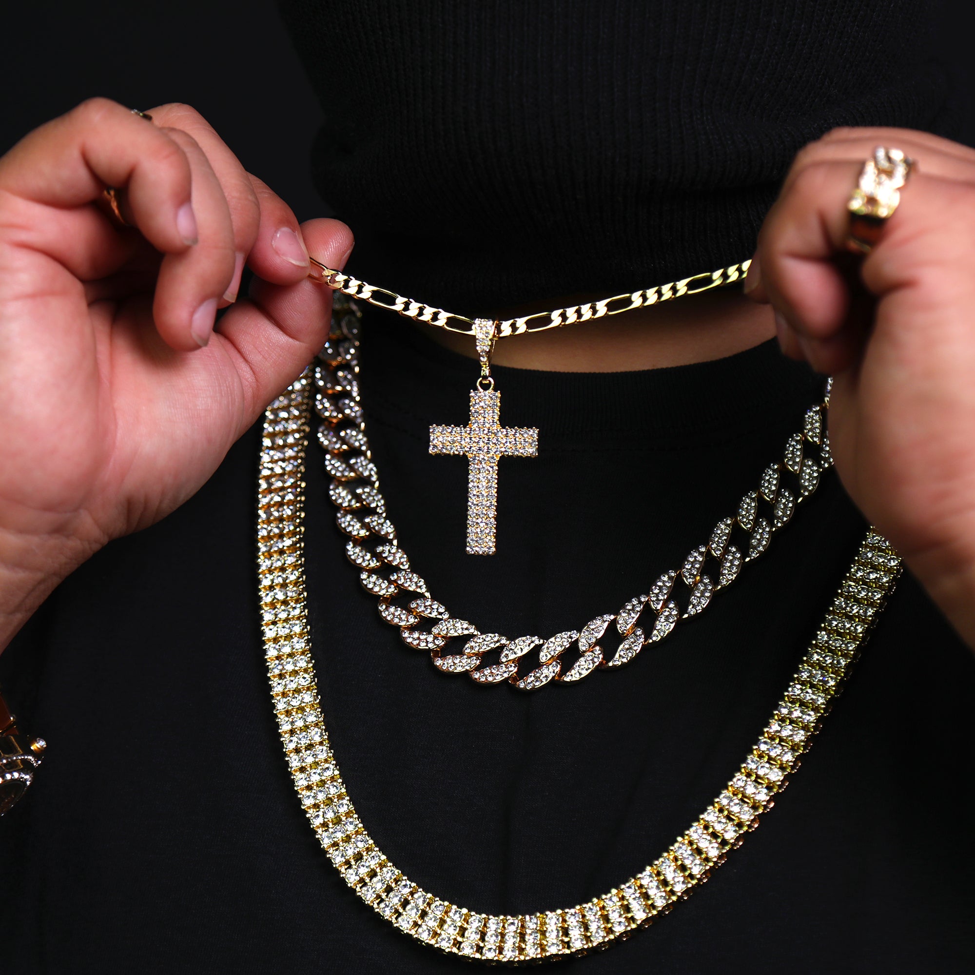 Prong Set Cz 3Row Cross Iced Pendant 24" Figaro Chain Hip Hop Style 18k Gold Plated