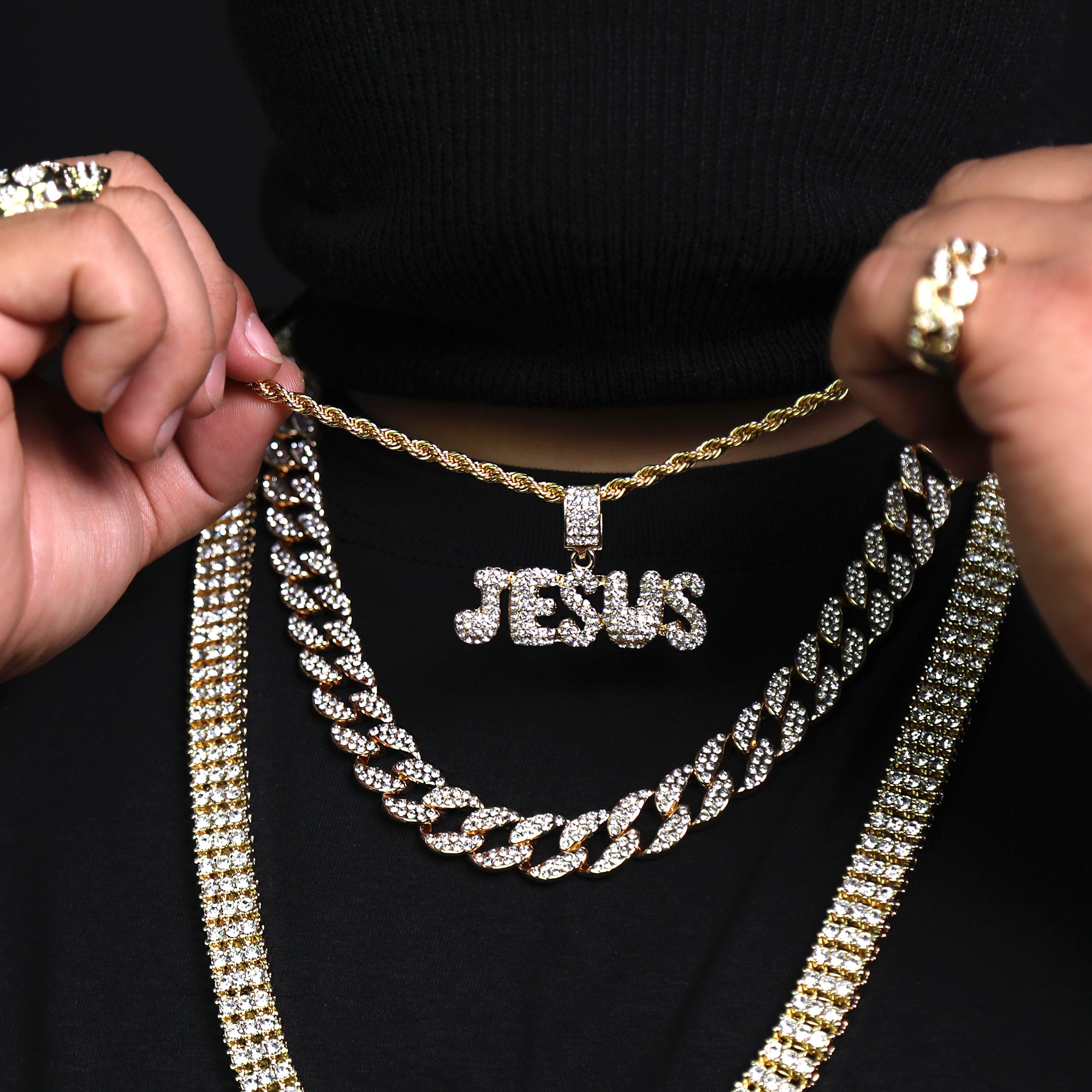 Jesus Bubble Letter Iced Pendant 24" Rope Chain Hip Hop Style 18k Gold Plated