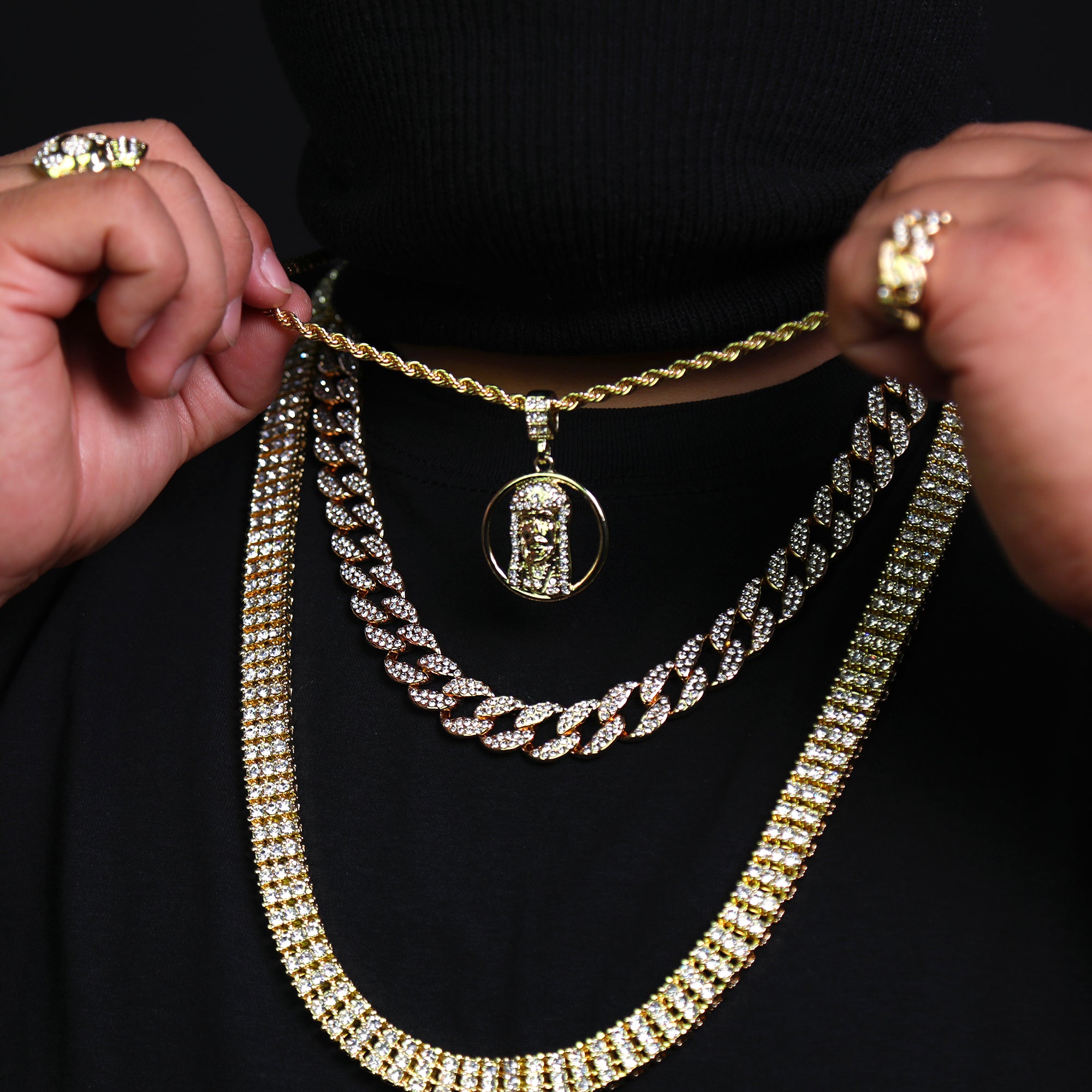 Halo Jesus Face Piece Iced Pendant 24" Rope Chain Hip Hop Style 18k Gold Plated